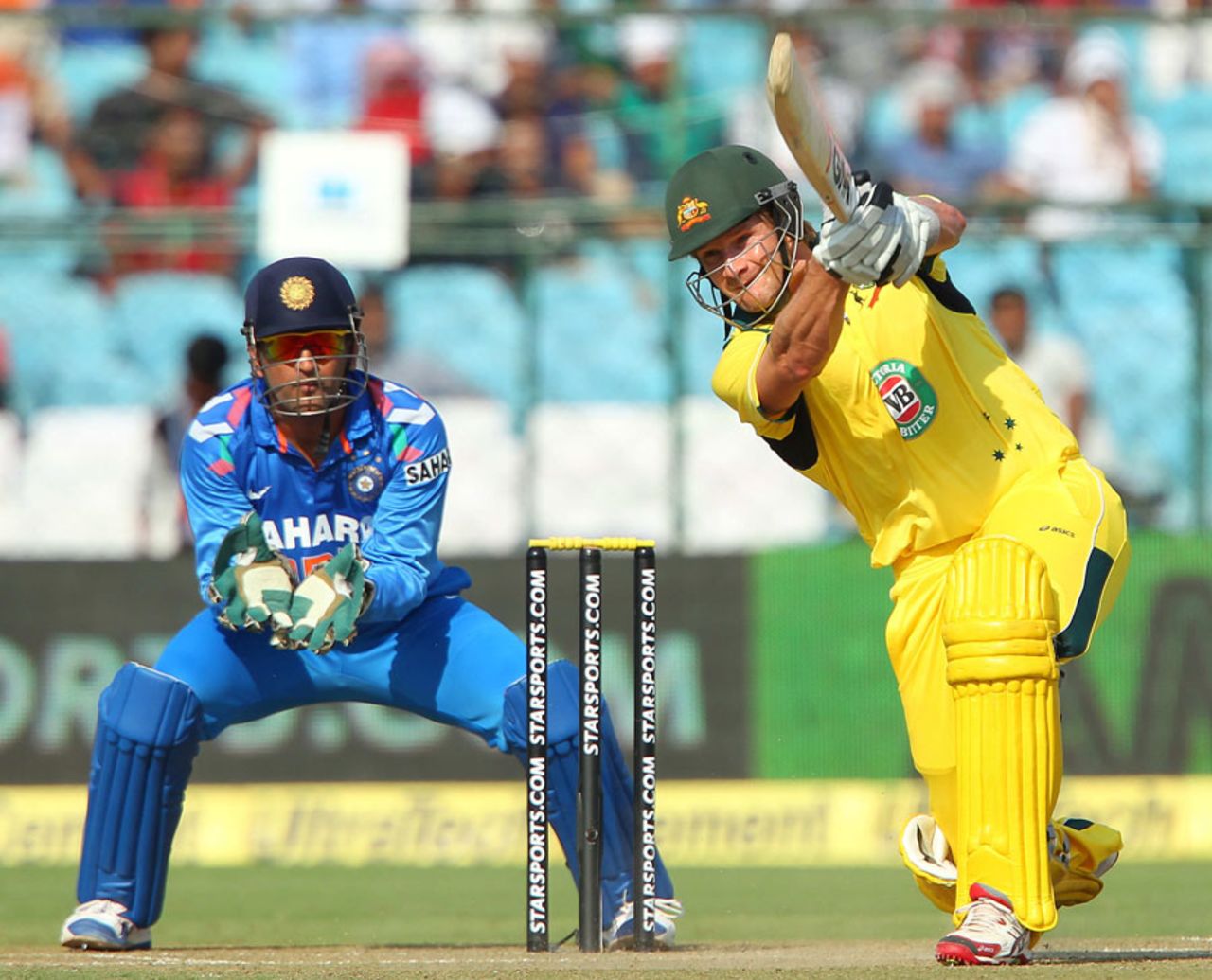 Shane Watson drives through the off side, India v Australia, 2nd ODI, Jaipur, October 16, 2013
