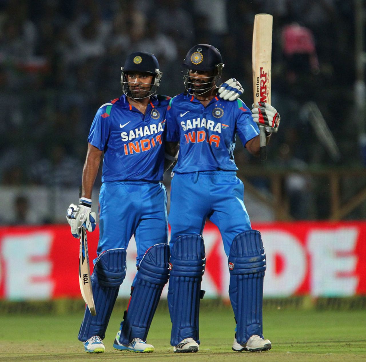 Rohit Sharma congratulates Shikhar Dhawan after the latter scored a fifty, India v Australia, 2nd ODI, Jaipur, October 16, 2013