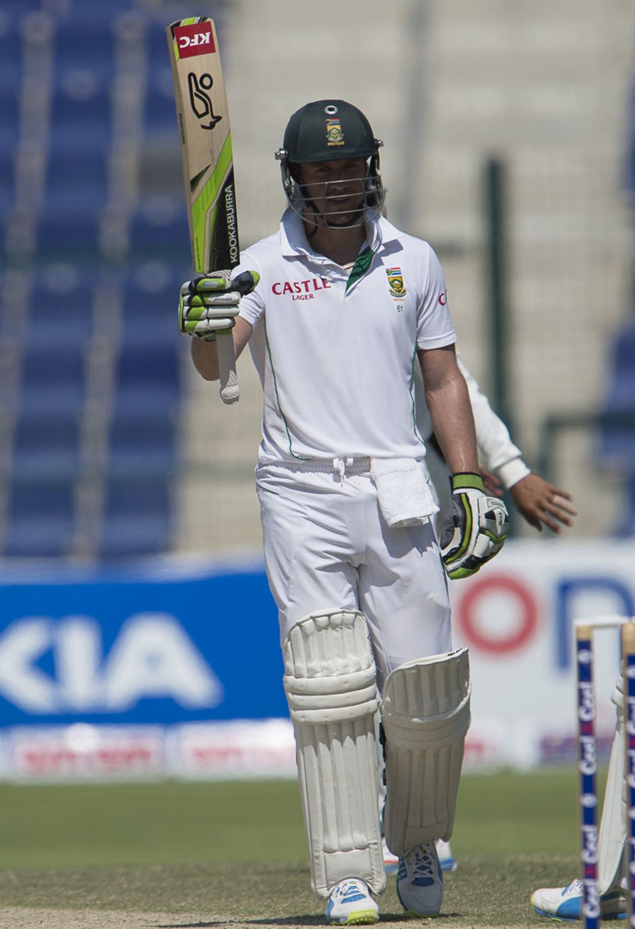 AB de Villiers raises his bat after reaching his half-century, Pakistan v South Africa, 1st Test, 4th day, Abu Dhabi, October 17, 2013