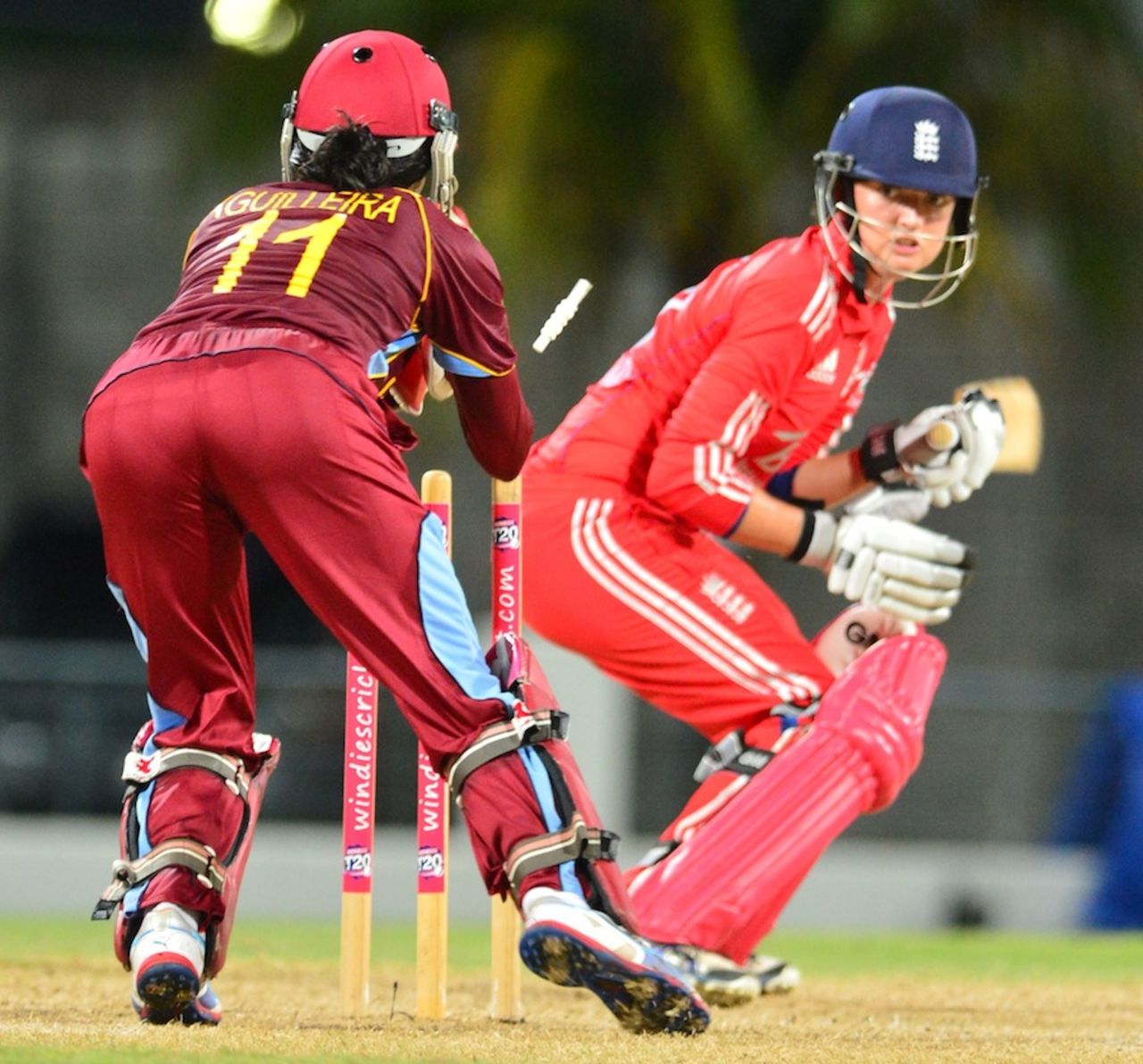 Merissa Aguilleira flicks the bails to dismiss Sarah Taylor, West Indies v England, Women's Tri-Nation T20, Bridgetown, October 18, 2013