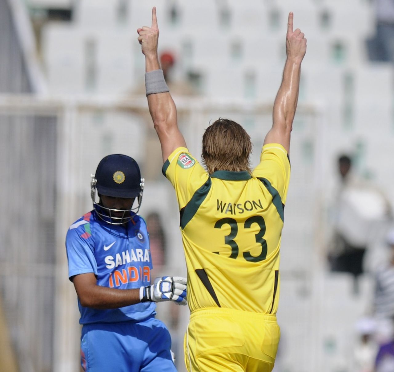 Shane Watson celebrates the wicket of Rohit Sharma, India v Australia, 3rd ODI, Mohali, October 19, 2013