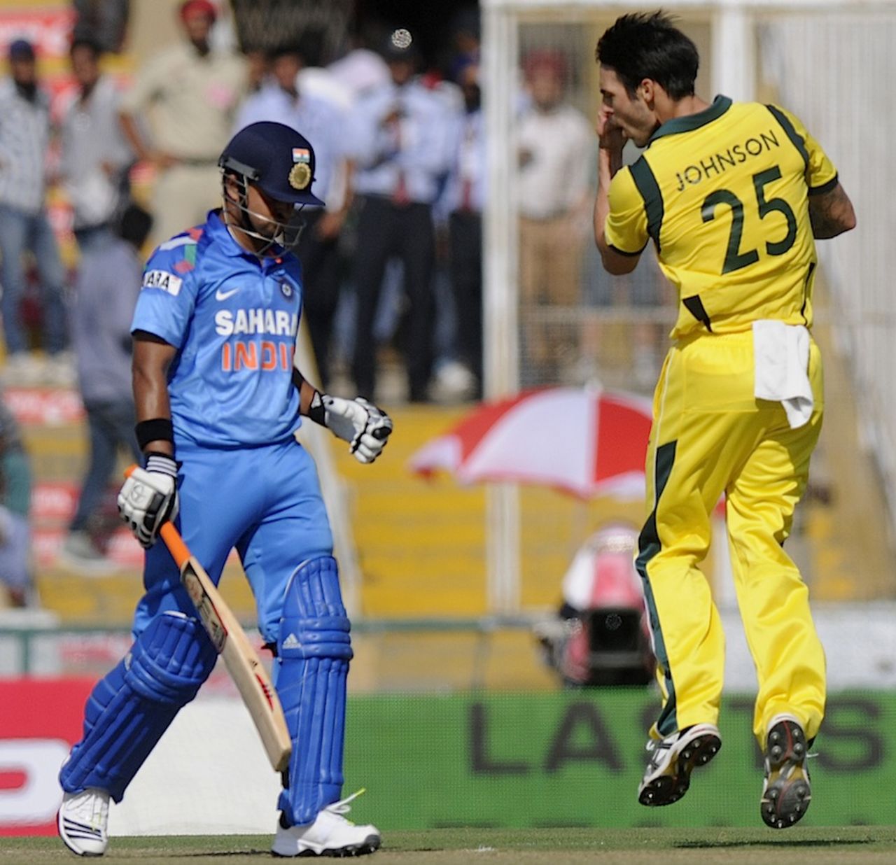 Mitchell Johnson nipped off Suresh Raina with a short one, India v Australia, 3rd ODI, Mohali, October 19, 2013