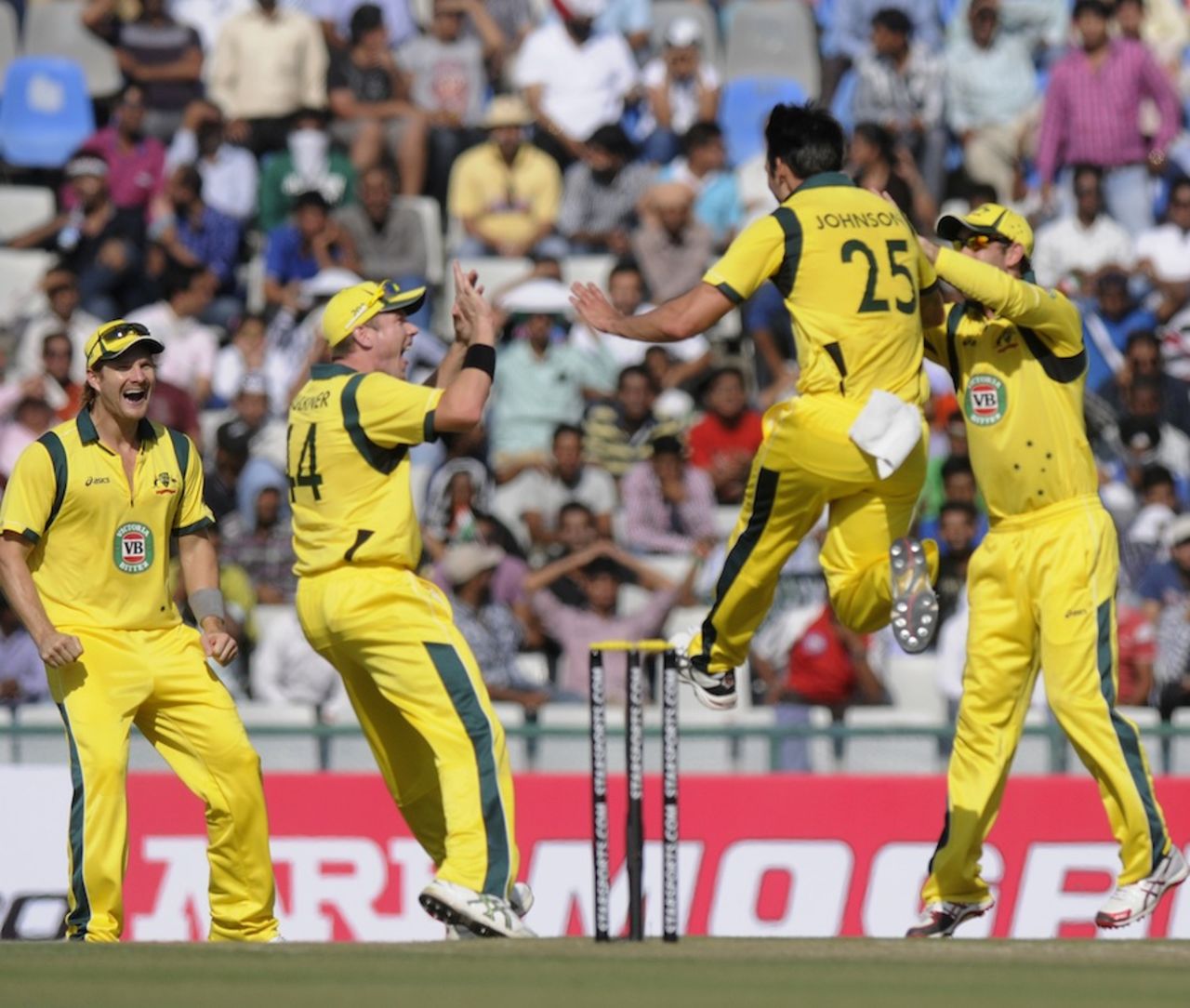 Mitchell Johnson leaps in joy after dismissing Yuvraj Singh, India v Australia, 3rd ODI, Mohali, October 19, 2013