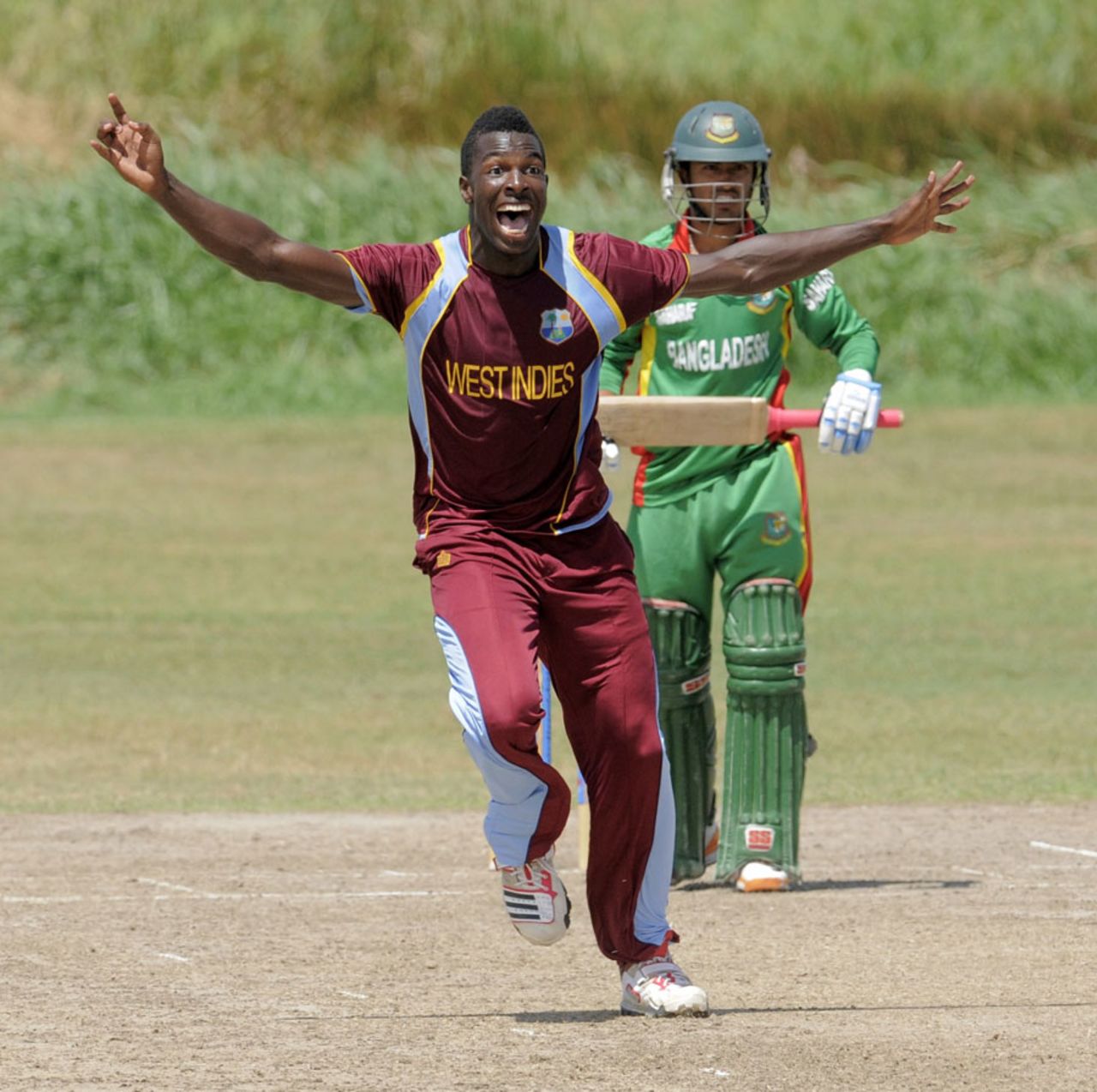Jerome Jones celebrates his hat-trick, West Indies Under-19s v Bangladesh Under-19s, 7th Youth ODI, Guyana, October 21, 2013