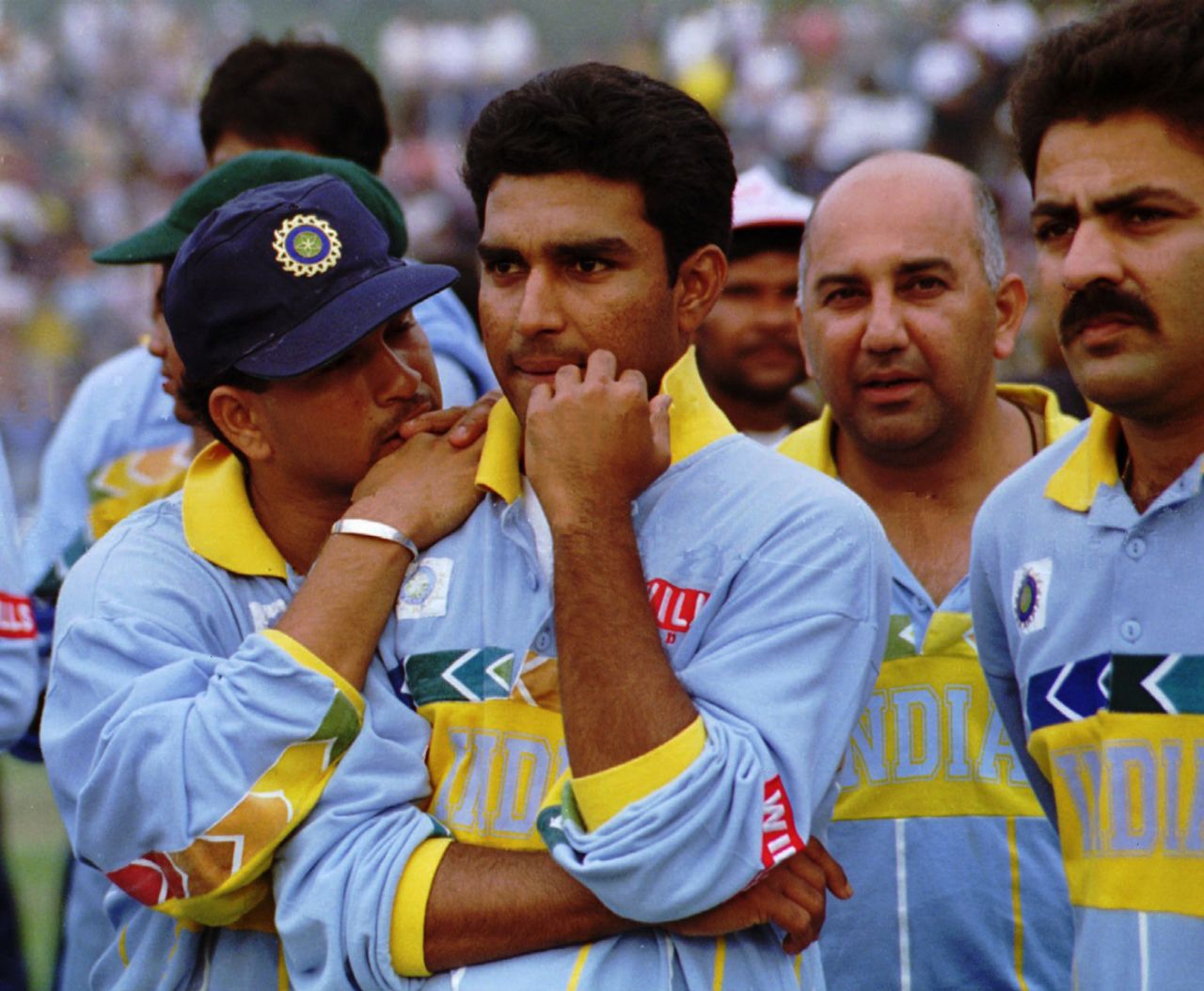 A glum Sachin Tendulkar leans on Sanjay Manjrekar's shoulder after India's defeat, India v Sri Lanka, World Cup, Delhi, March 2, 1996