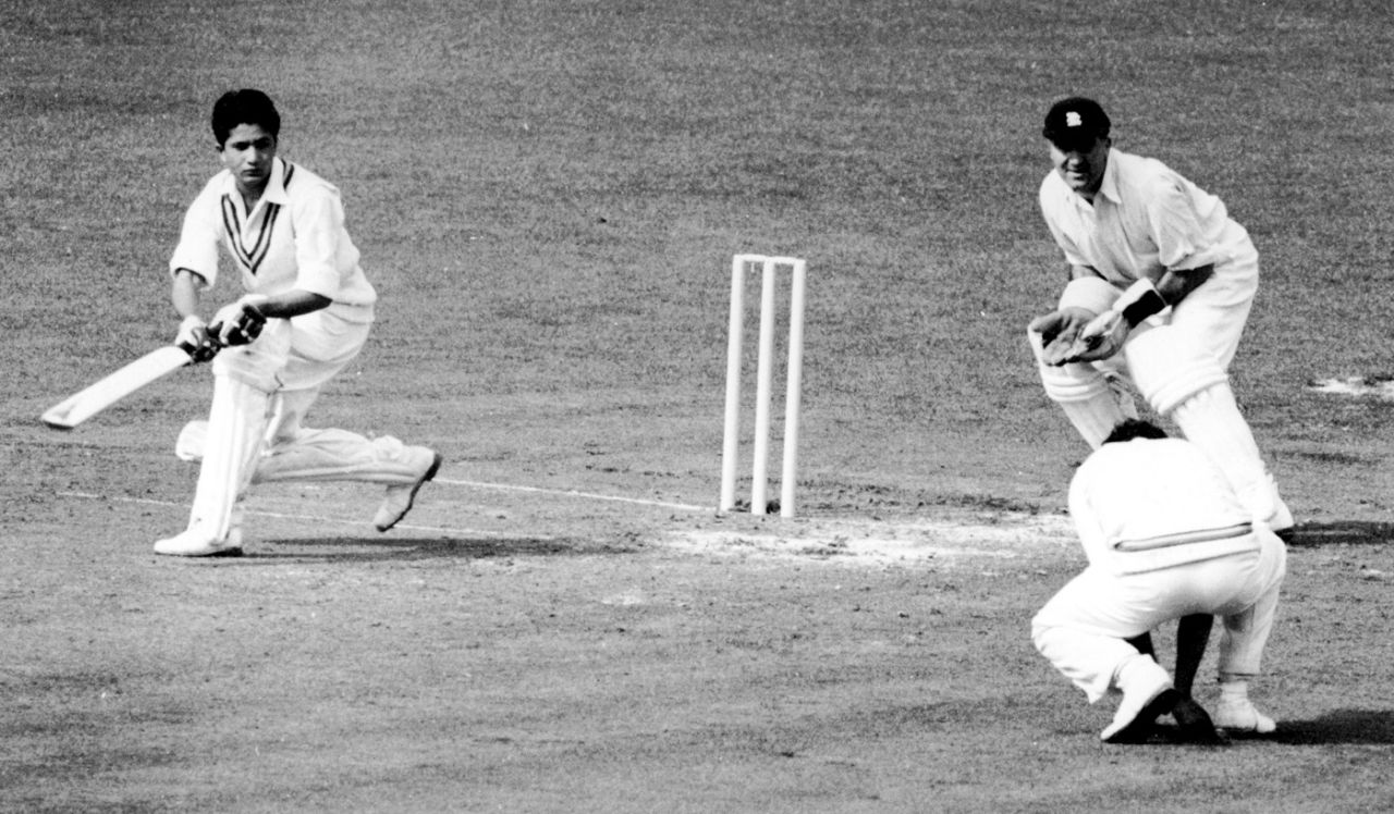 Hanif Mohammad plays a shot during his half-century, England v Pakistan, 1st Test, Trent Bridge, 3rd day, July 3, 1954