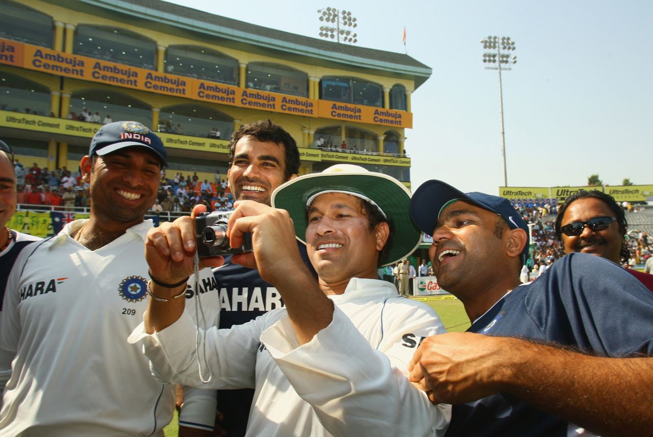 Sachin Tendulkar takes photos after the victory, India v Australia, 2nd Test, Mohali, 5th day, October 21, 2008
