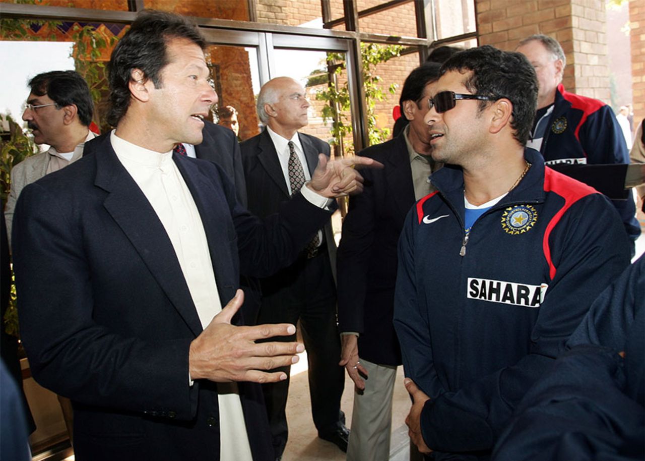 Imran Khan interacts with Sachin Tendulkar at the cancer hospital run by the former, Lahore, January 11, 2006
