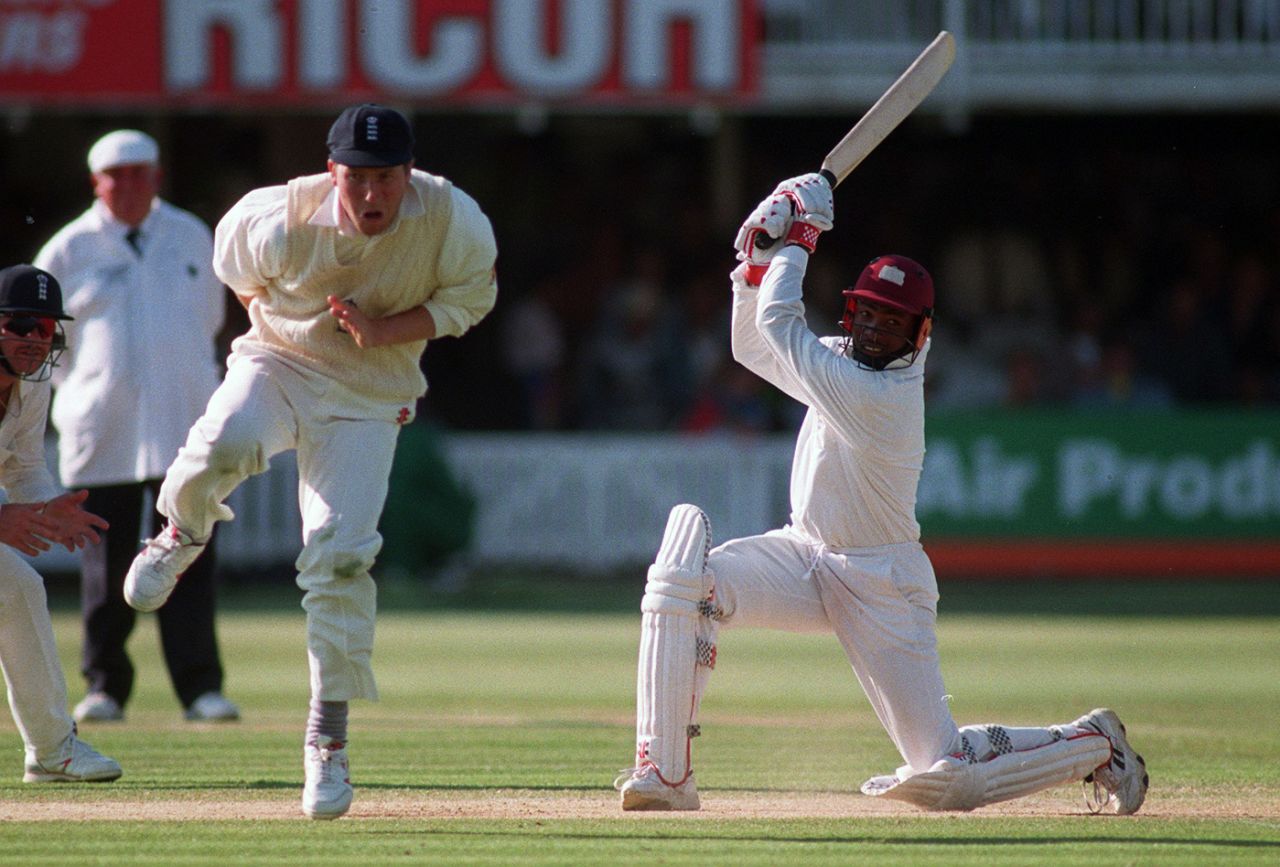 Mike Atherton tries to avoid being hit by a Brian Lara shot, England v West Indies, 2nd Test, Lord's, June 26, 1995