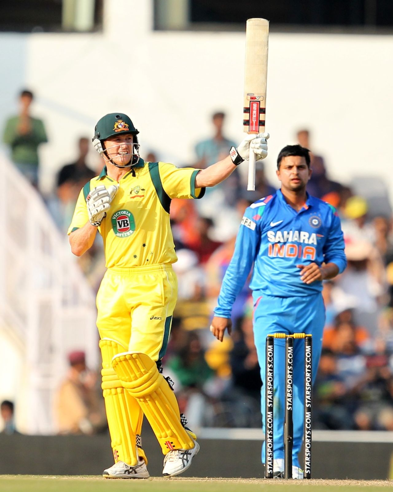 George Bailey celebrates his first hundred of the series, India v Australia, 6th ODI, Nagpur, October 30, 2013