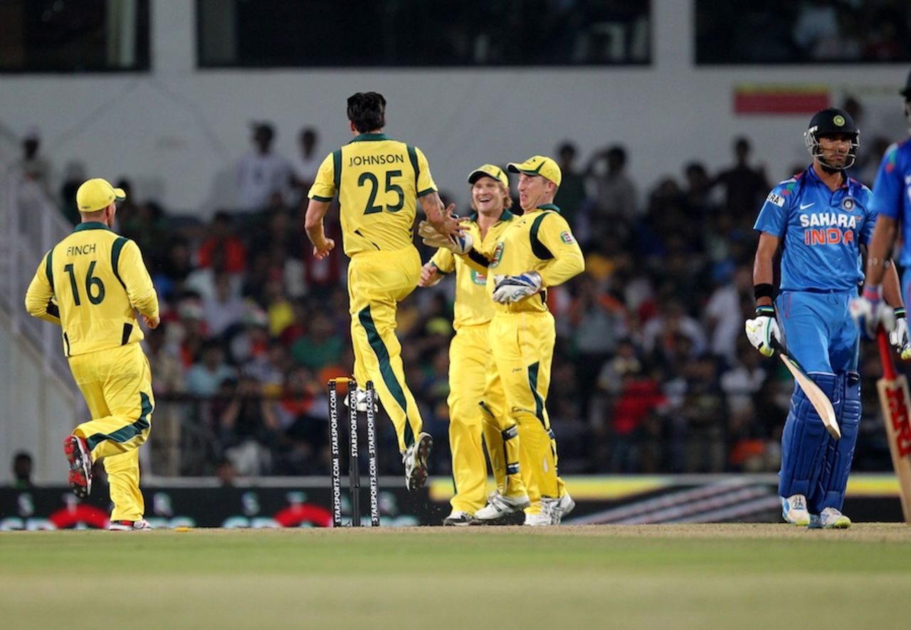 Mitchell Johnson sent Yuvraj Singh back for a duck, India v Australia, 6th ODI, Nagpur, October 30, 2013