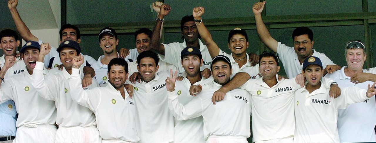 A jubilant Indian team after their first Test win in Pakistan, Pakistan v India, 1st Test, Multan, 5th day, April 1, 2004