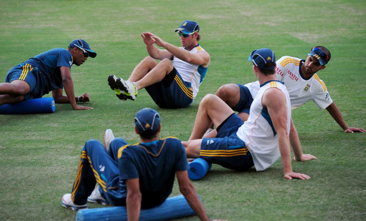 The South Africa team warm up before a practice session on the eve of the second ODI, Dubai, October 31, 2013