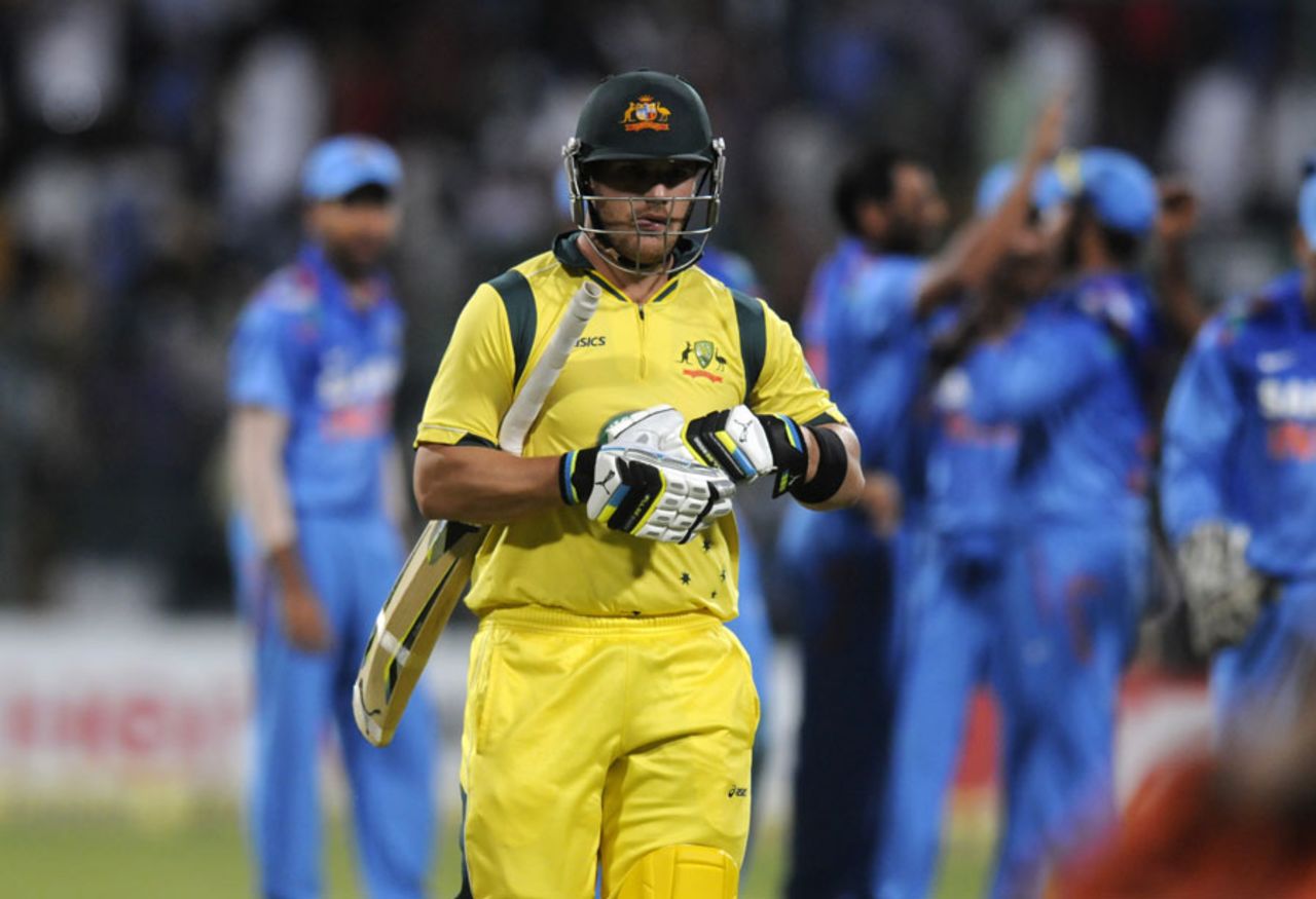 Aaron Finch was trapped lbw by Mohammed Shami, India v Australia, 7th ODI, Bangalore, November 2, 2013