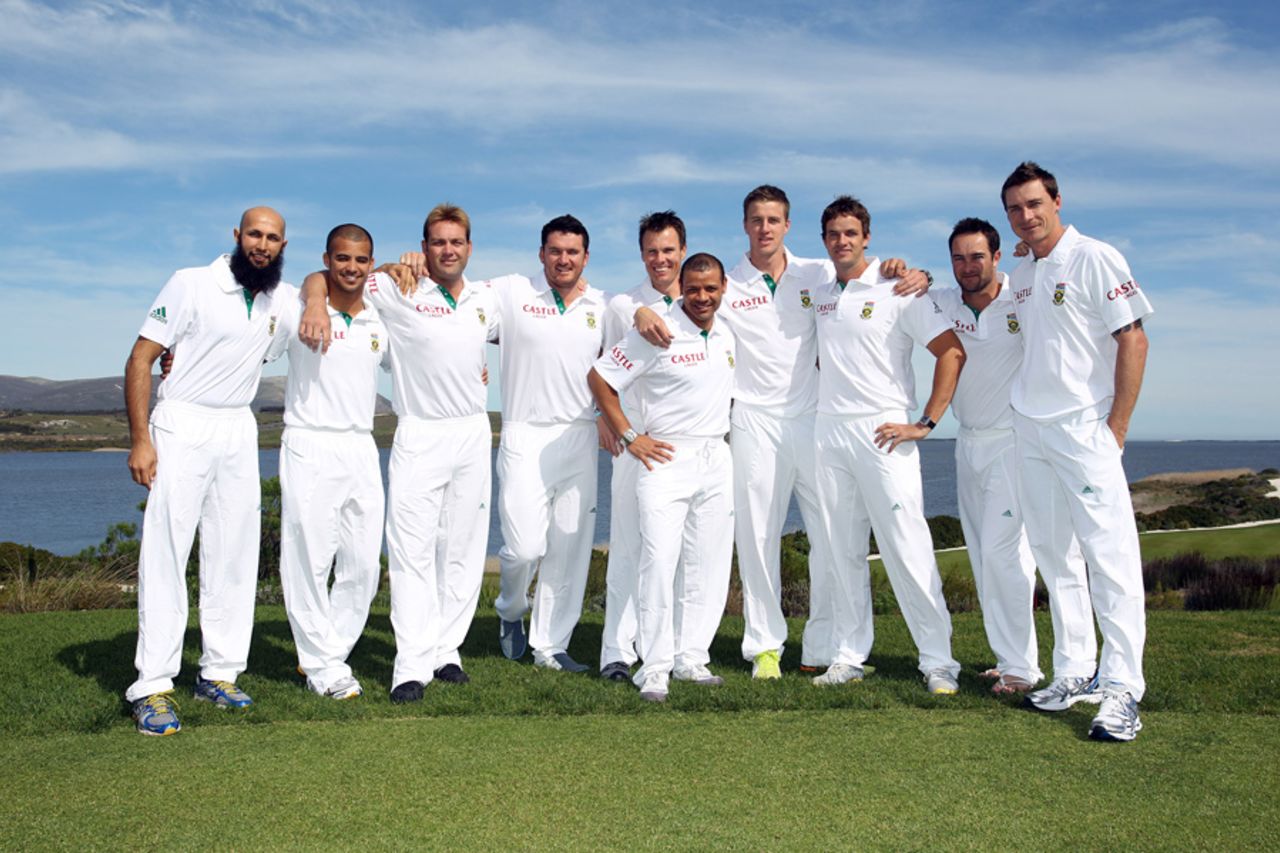 South Africa's Test squad poses during a media session, Kleinmond, August 29, 2011