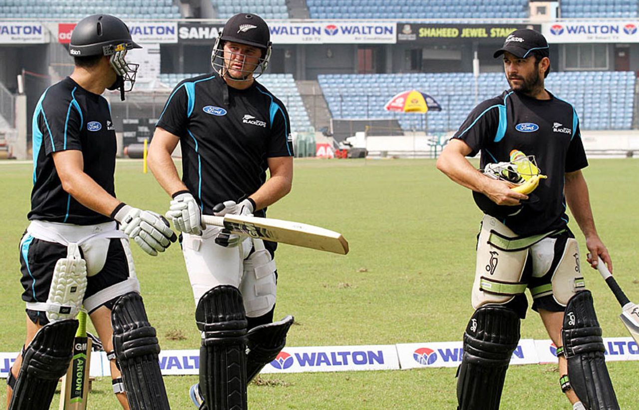 Ross Taylor, Corey Anderson and Anton Devcich head for a nets session, Mirpur, November 5, 2013