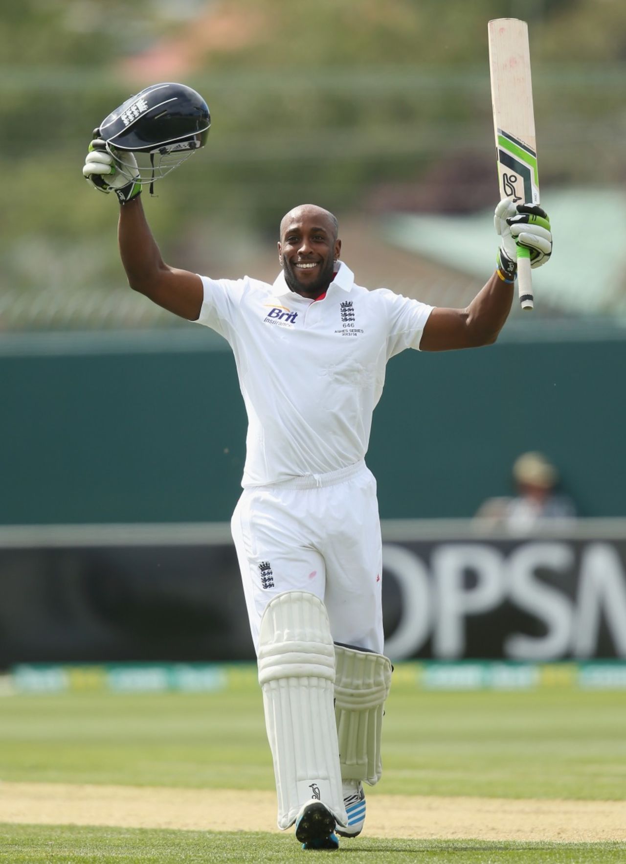 Michael Carberry celebrates his hundred, Australia A v England, Hobart, 1st day, November 6, 2013