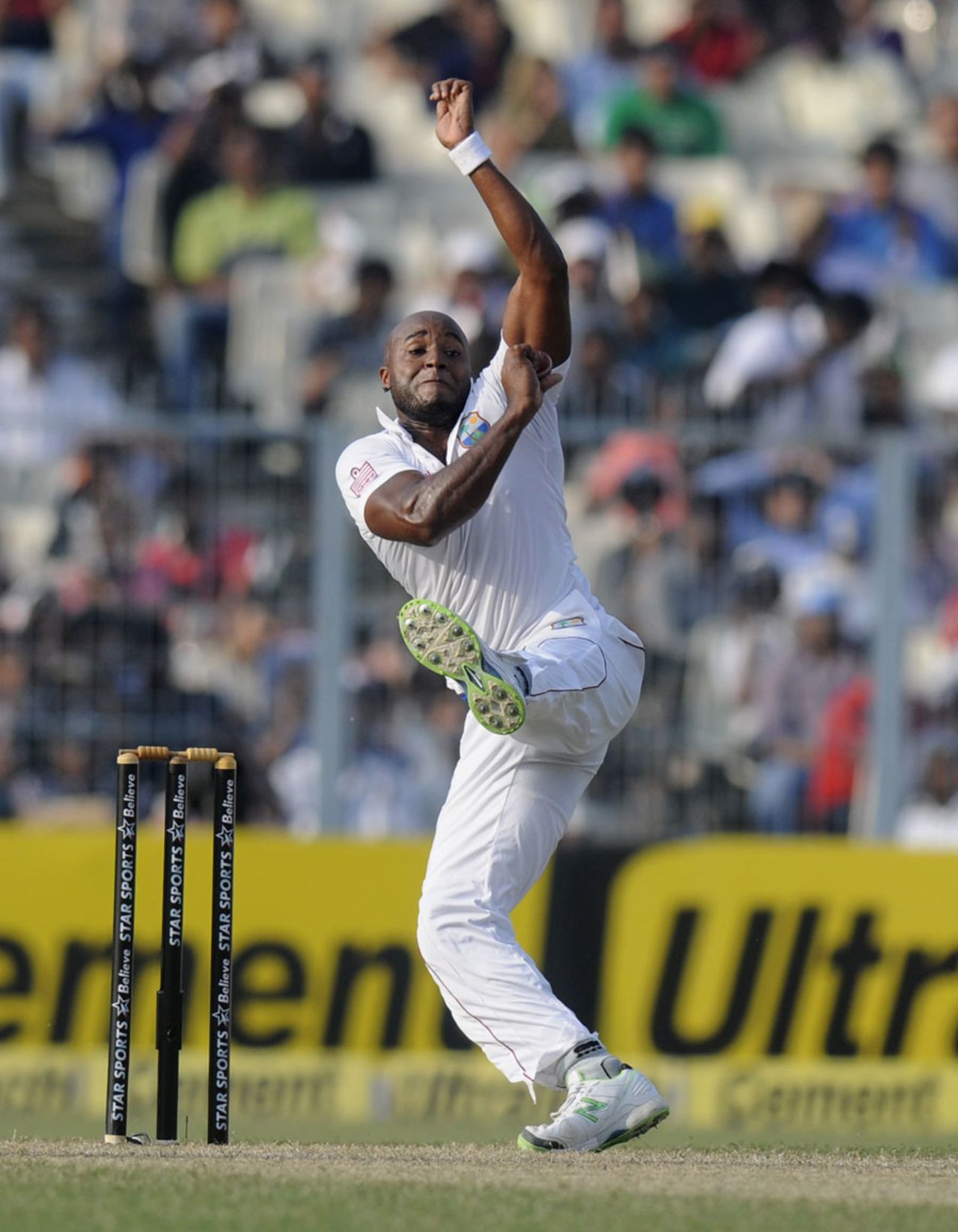 Tino Best in his unconventional delivery stride, India v West Indies, 1st Test, Kolkata, 1st day, November 6, 2013