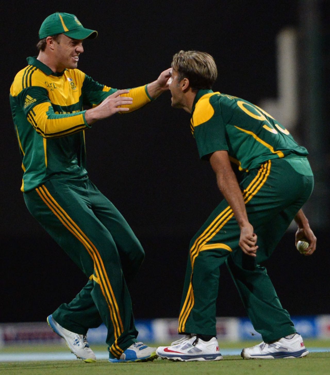 Imran Tahir and AB de Villiers are elated after Umar Akmal's dismissal, Pakistan v South Africa, 3rd ODI, Abu Dhabi, November 6, 2013
