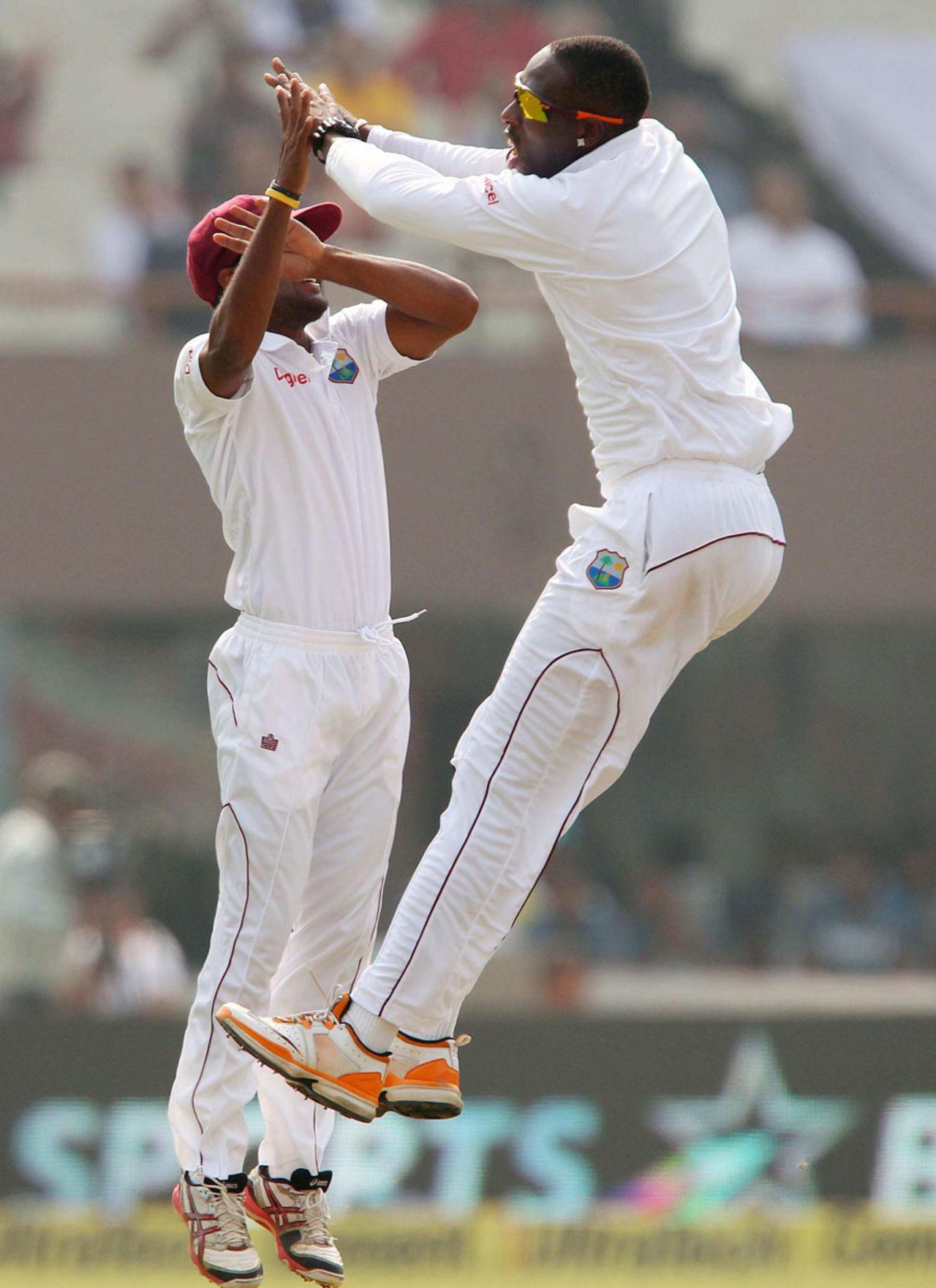 Shane Shillingford exults after dismissing Murali Vijay, India v West Indies, 1st Test, Kolkata, 2nd day, November 7, 2013