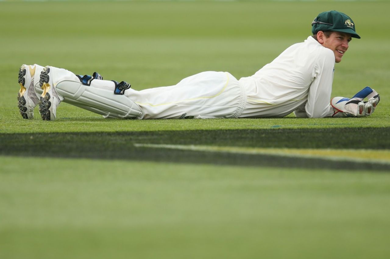 Tim Paine lies on the turf, Australia A v England, Hobart, 1st day, November 6, 2013