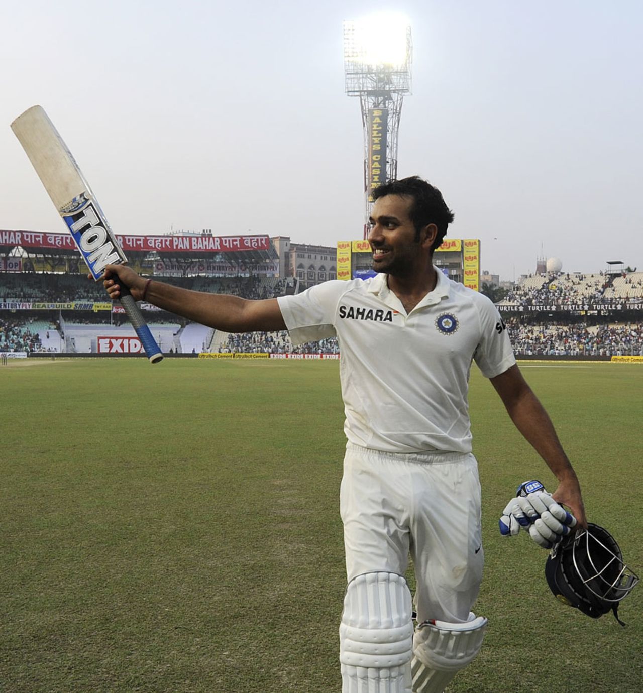Rohit Sharma acknowledges the crowd after making a ton on his Test debut, India v West Indies, 1st Test, Kolkata, 2nd day, November 7, 2013