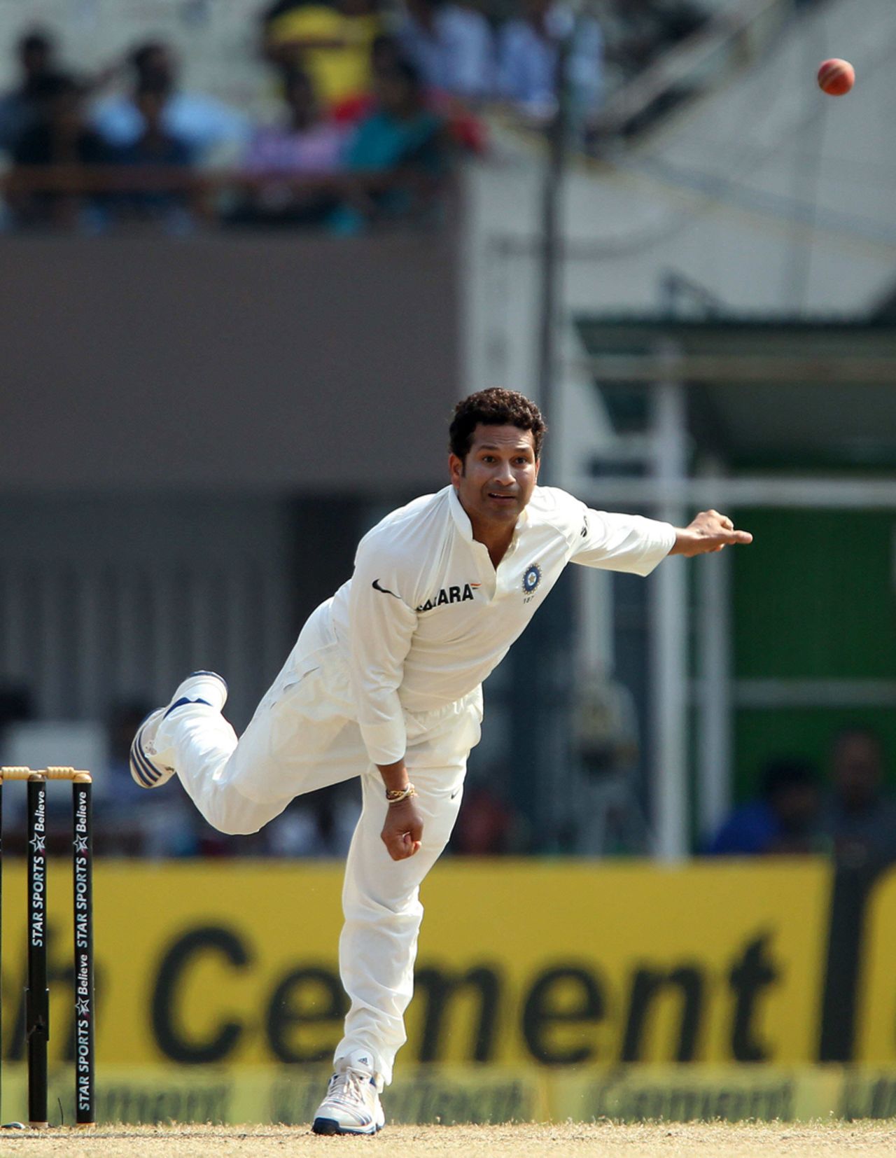 Sachin Tendulkar has a bowl, India v West Indies, 1st Test, Kolkata, 3rd day, November 8, 2013