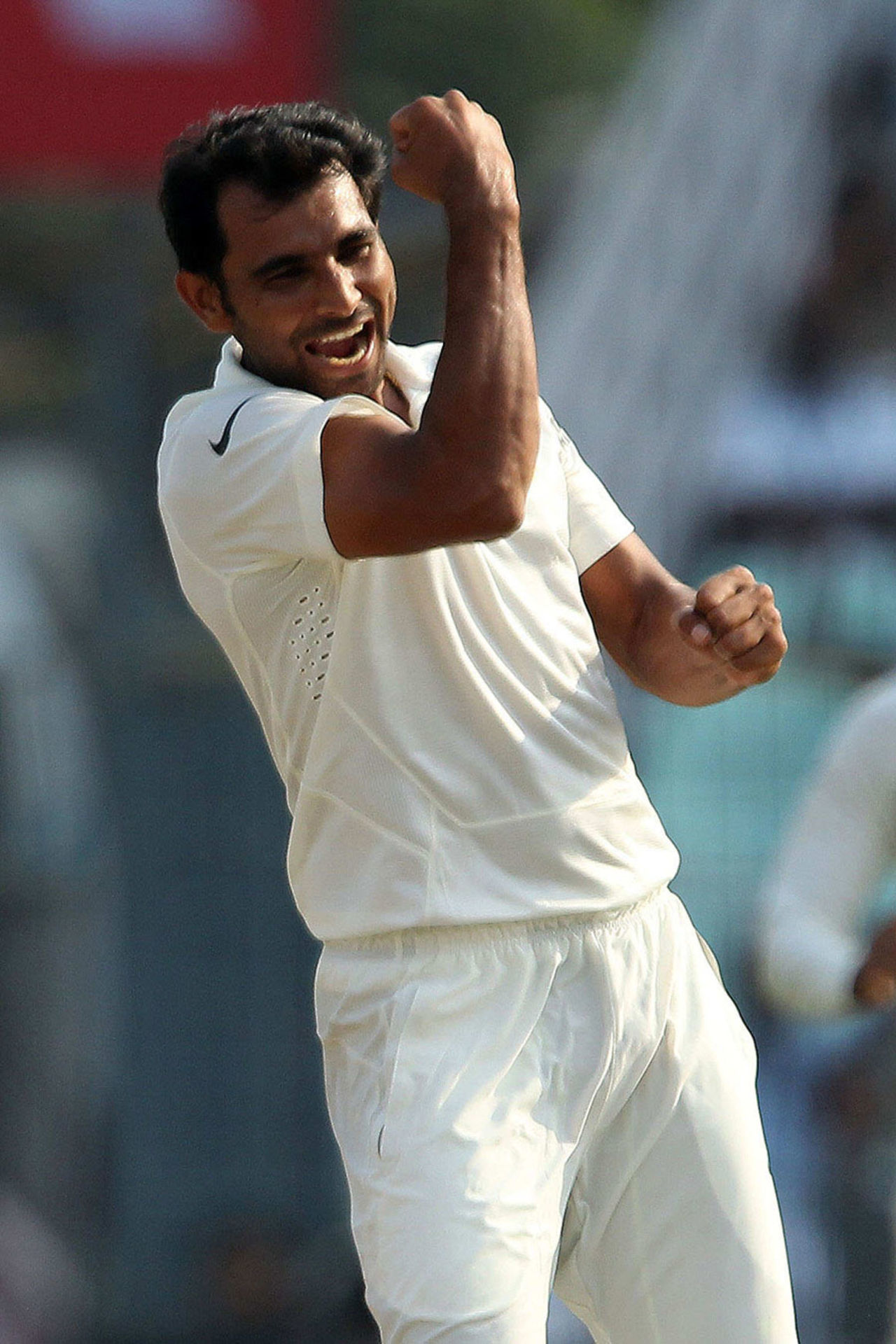 Mohammed Shami exults after dismissing Denesh Ramdin, India v West Indies, 1st Test, Kolkata, 3rd day, November 8, 2013