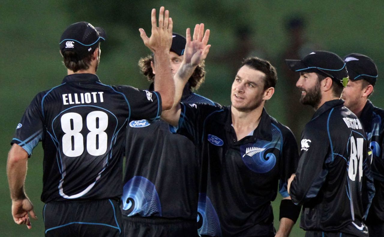 Nathan McCullum celebrates a wicket with his team-mates, Sri Lanka v New Zealand, 1st ODI, Hambantota, November 10, 2013