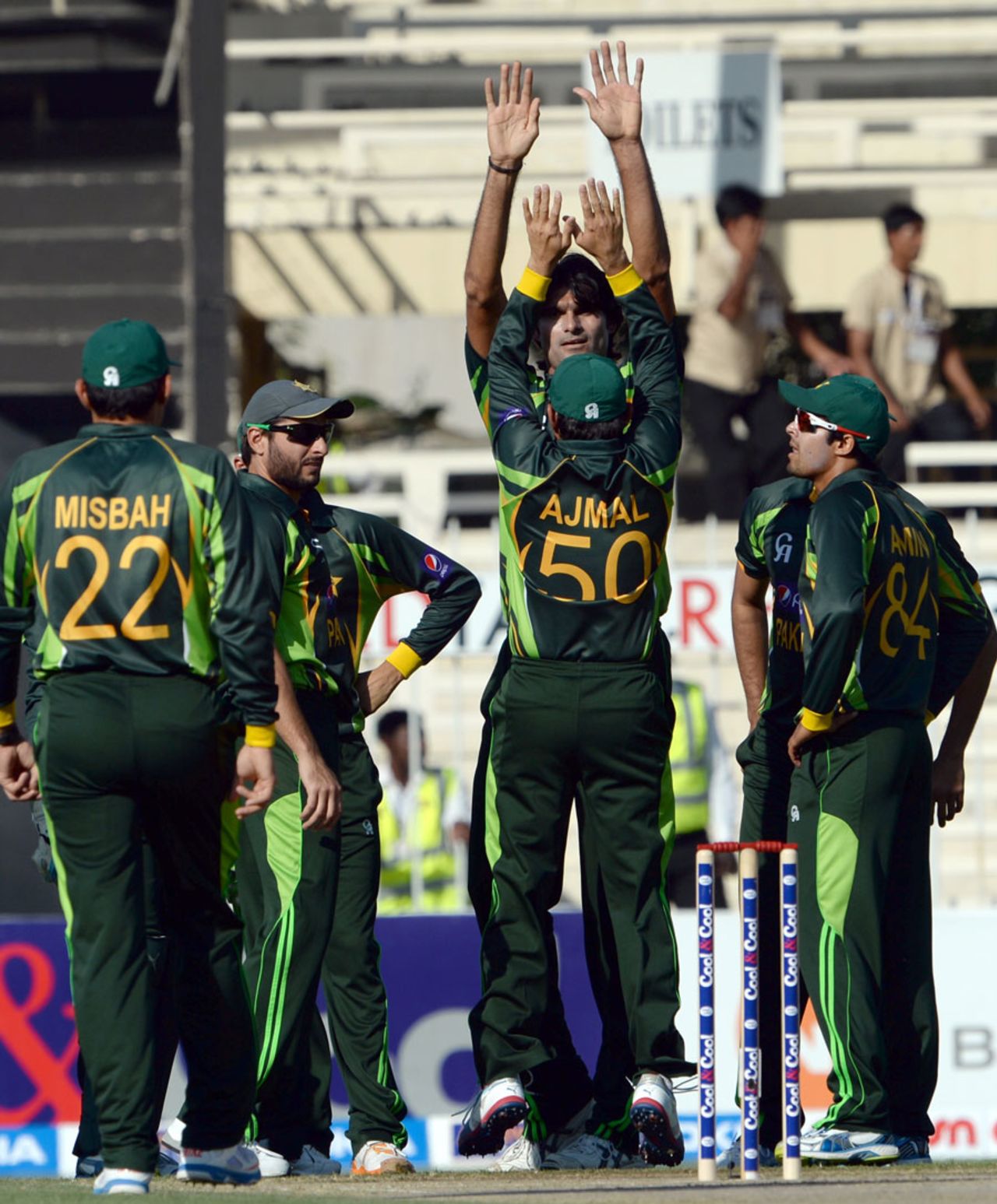 Mohammad Irfan celebrates with team-mates after dismissing Hashim Amla, Pakistan v South Africa, 5th ODI, Sharjah, November 11, 2013