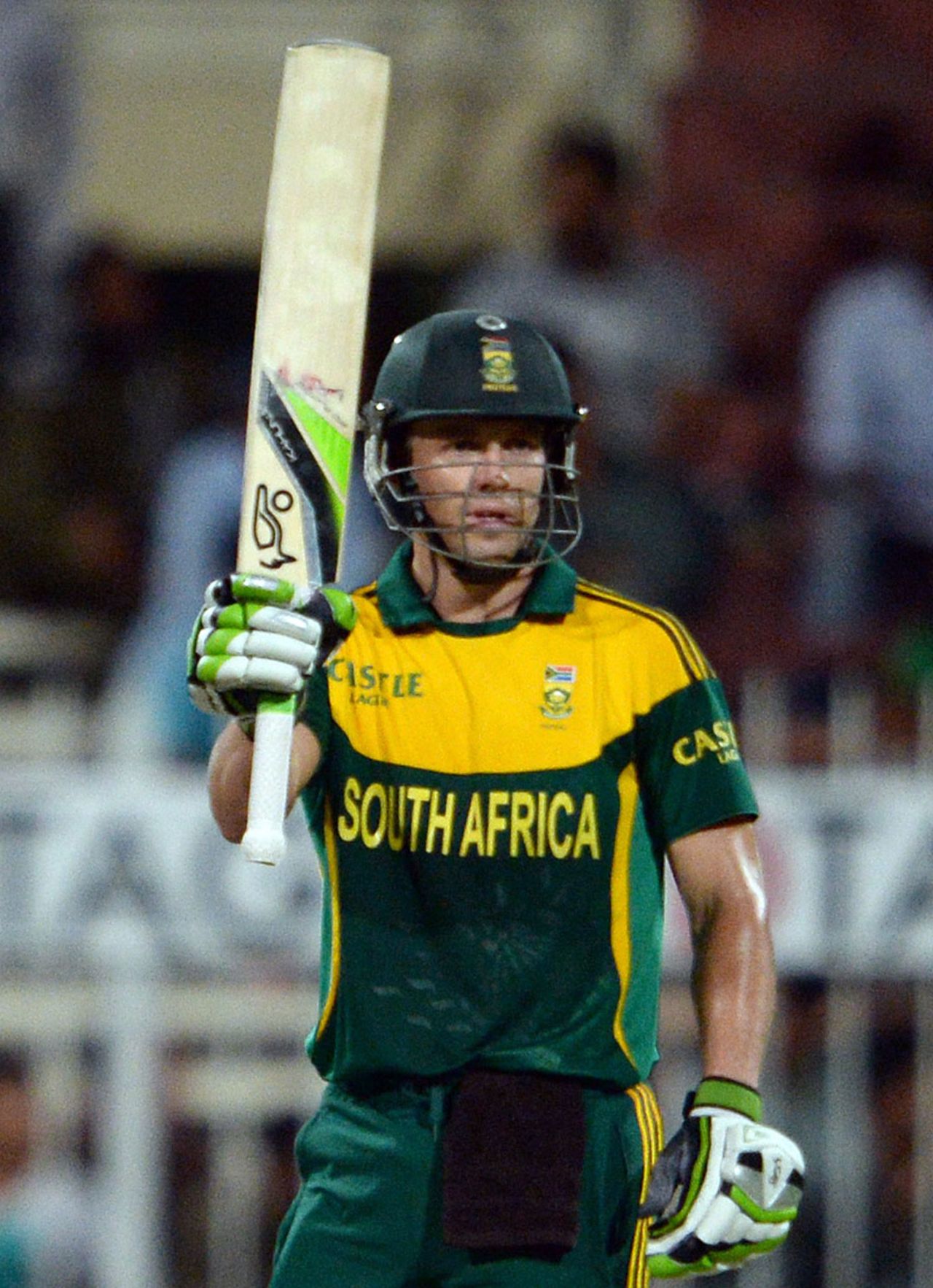 AB de Villiers raises the bat after reaching his fifty, Pakistan v South Africa, 5th ODI, Sharjah, November 11, 2013