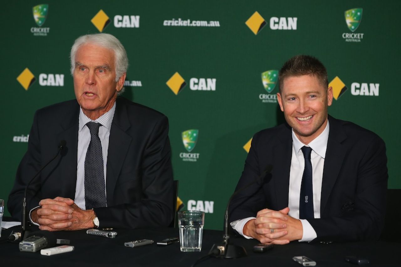 Michael Clarke and John Inverarity at the Ashes squad announcement at the National Cricket Centre, Brisbane, November 12, 2013