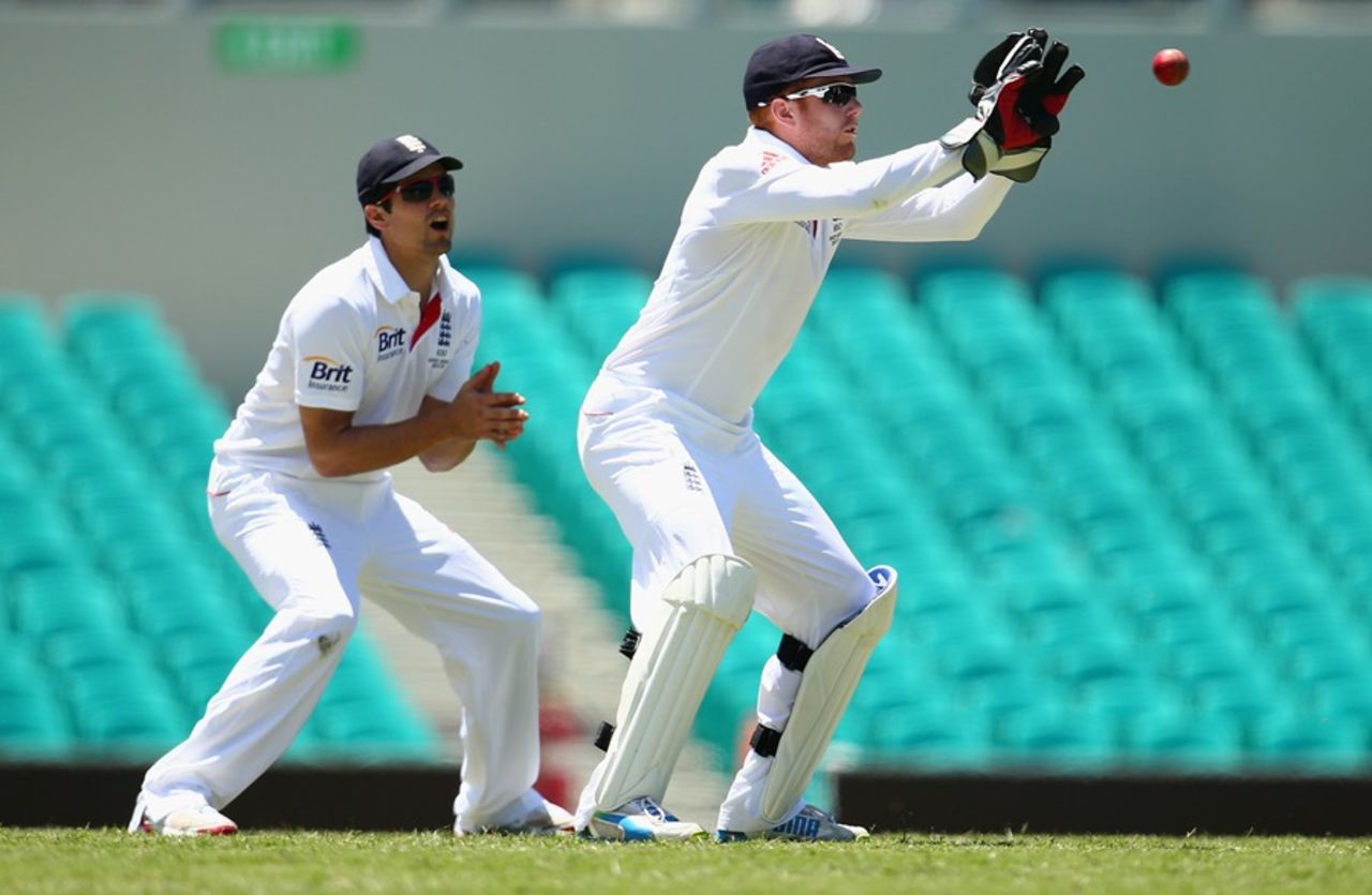 Jonny Bairstow takes a ball as wicketkeeper, Cricket Australia Invitational XI v England, Sydney, 1st day, November 13, 2013