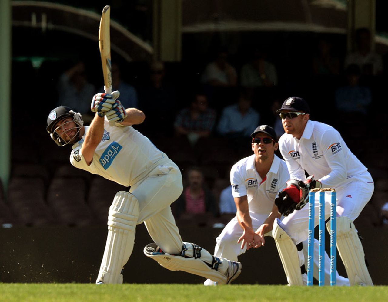 Ryan Carters goes over the leg side, Cricket Australia Invitational XI v England, Sydney, 1st day, November 13, 2013