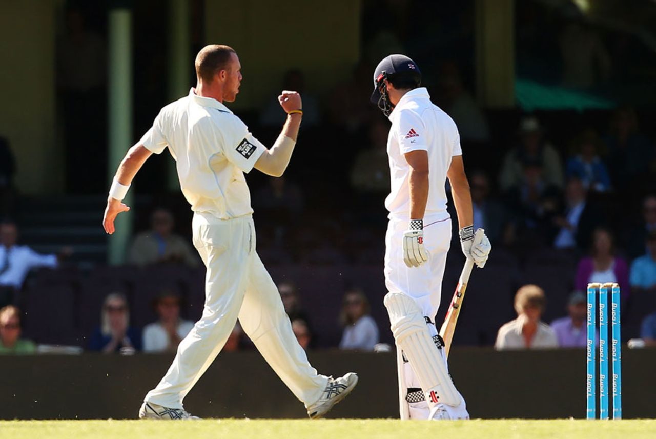 Alastair Cook became Nicholas Bills' third first-class wicket, Cricket Australia Invitational XI v England, Sydney, 2nd day, November 14, 2013