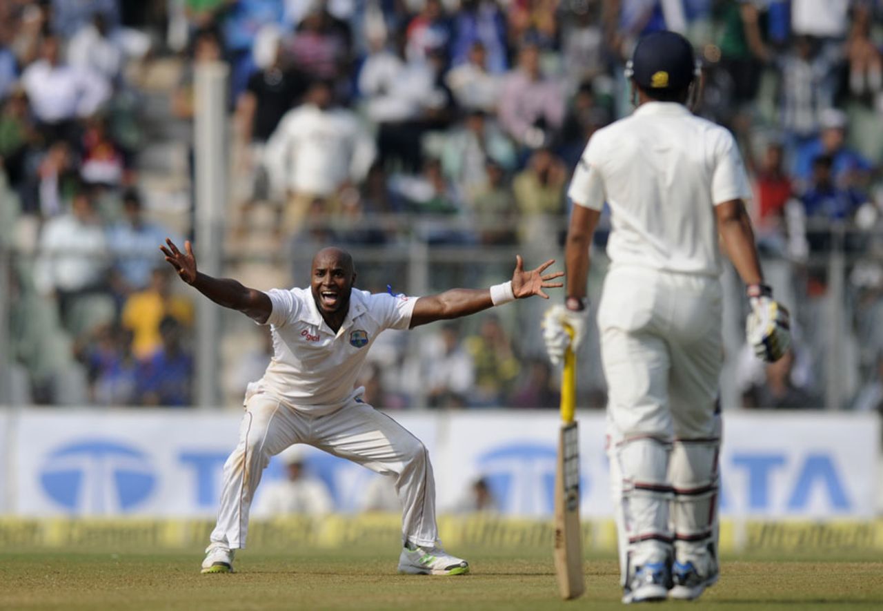 Tino Best appeals unsuccessfully for a wicket, India v West Indies, 2nd Test, Mumbai, 2nd day, November 15, 2013