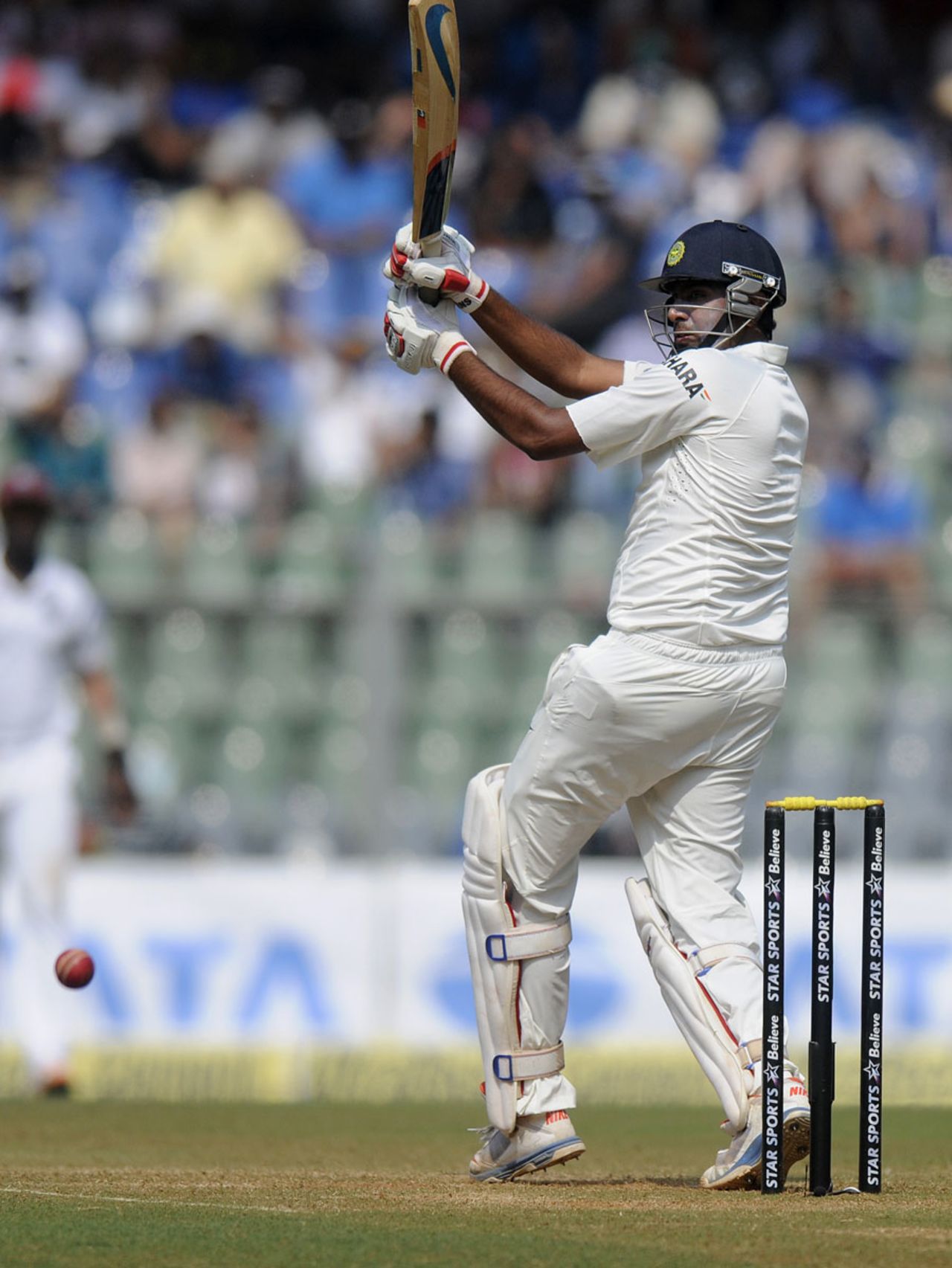 R Ashwin chipped in with a 32-ball 30, India v West Indies, 2nd Test, Mumbai, 2nd day, November 15, 2013