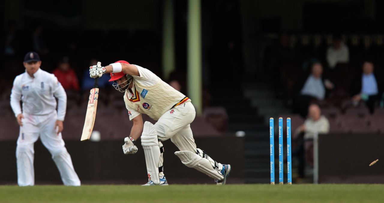 Callum Ferguson was bowled by Steven Finn, Cricket Australia Invitational XI v England, Sydney, 3rd day, November 15, 2013