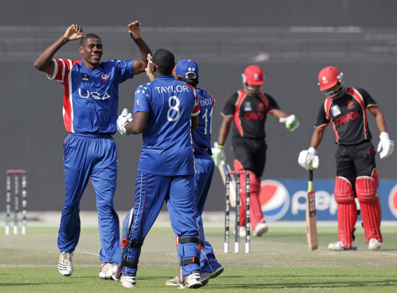 Elmore Hutchinson took 2 for 29 from his allocation, Canada v USA, ICC World Twenty20 Qualifier, Group A, Abu Dhabi, November 15, 2013
