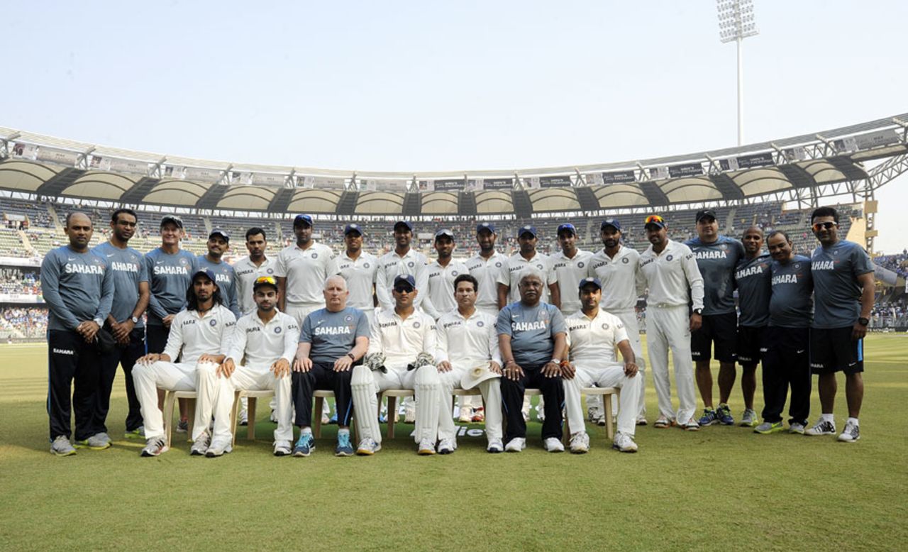 The Indian players line up for a team photograph, India v West Indies, 2nd Test, Mumbai, 3rd day, November 16, 2013