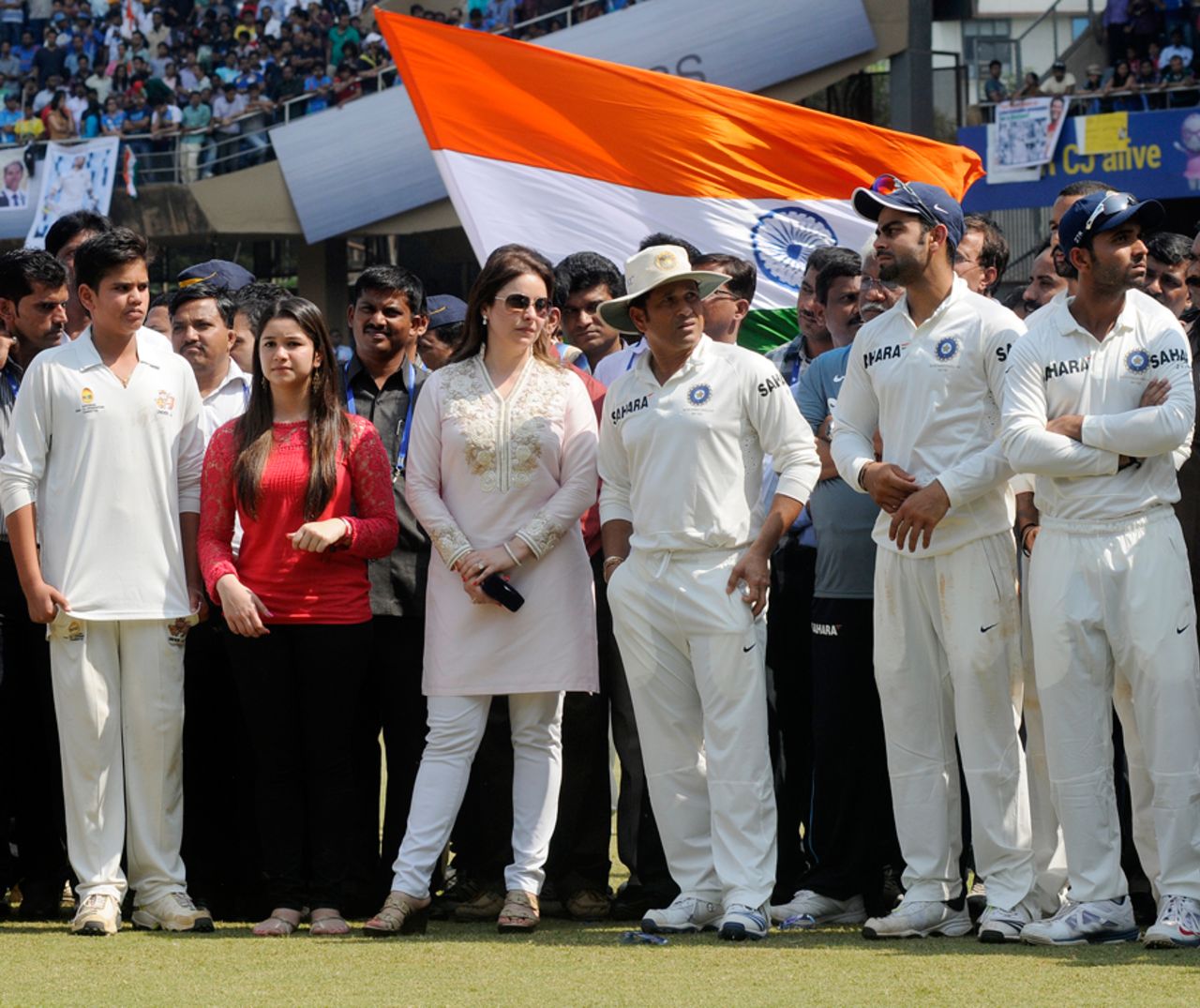Sachin Tendulkar awaits the presentation with family and friends, India v West Indies, 2nd Test, Mumbai, 3rd day, November 16, 2013