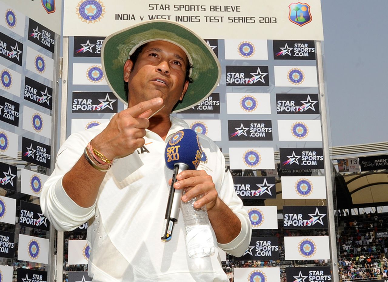 Sachin Tendulkar delivers his farewell speech, India v West Indies, 2nd Test, Mumbai, 3rd day, November 16, 2013