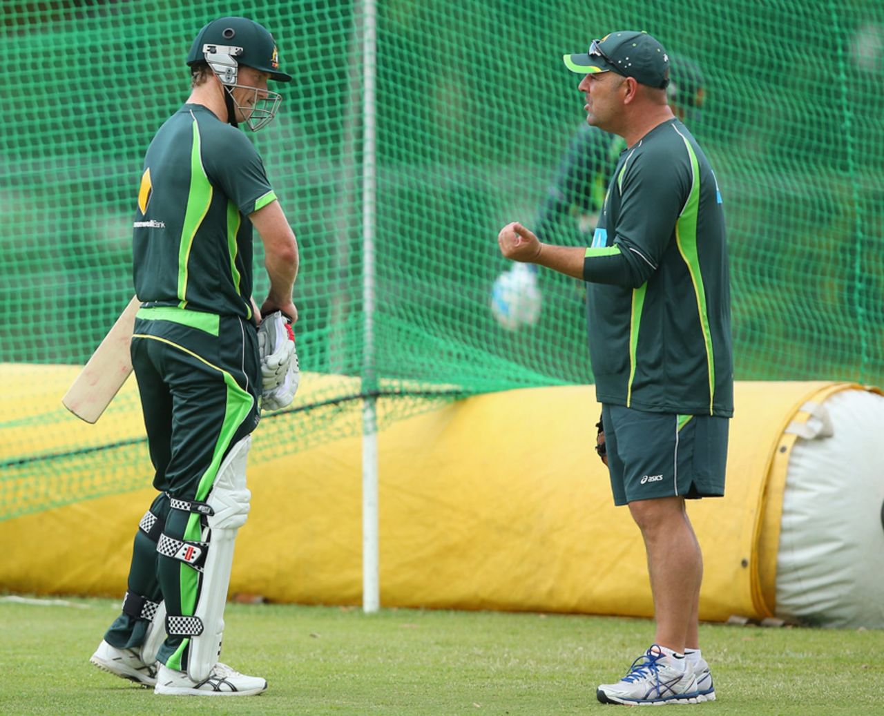 George Bailey and coach Darren Lehmann have a chat, Brisbane, November 18, 2013
