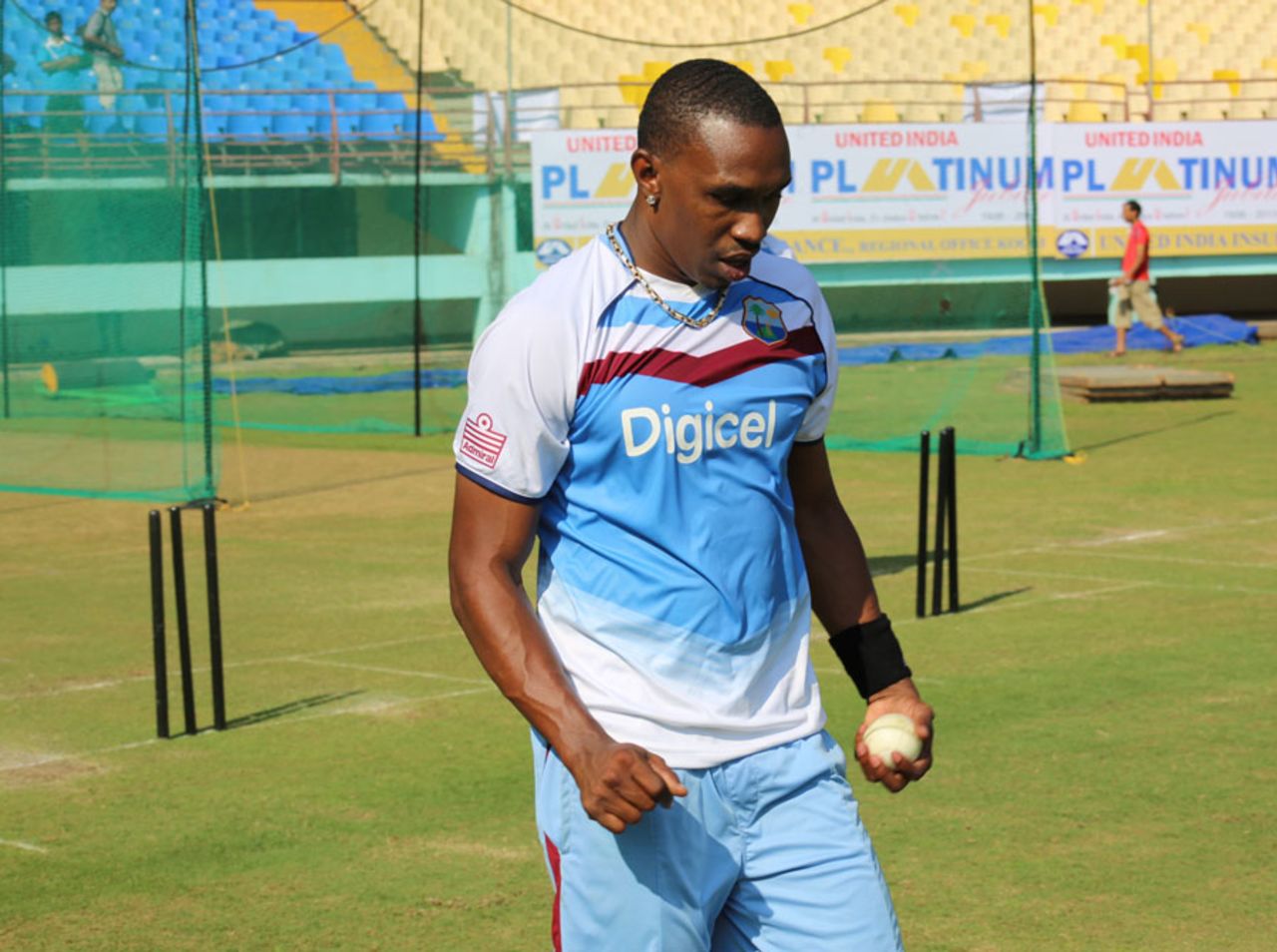 Dwayne Bravo ponders his next delivery during training session, Kochi, November 20, 2013