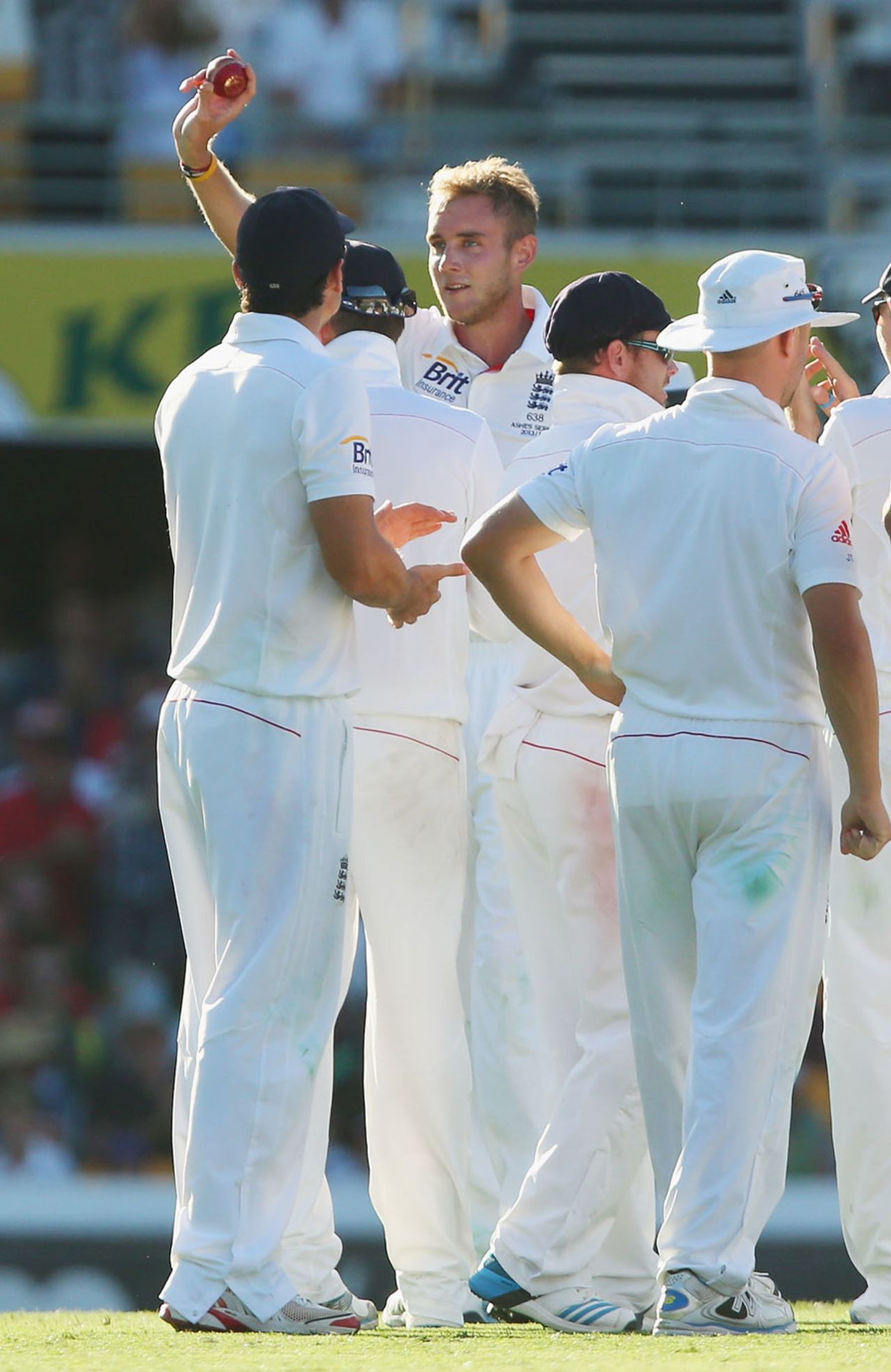 Stuart Broad holds up the ball after taking his fifth wicket, Australia v England, 1st Test, Brisbane, 1st day, November 21, 2013