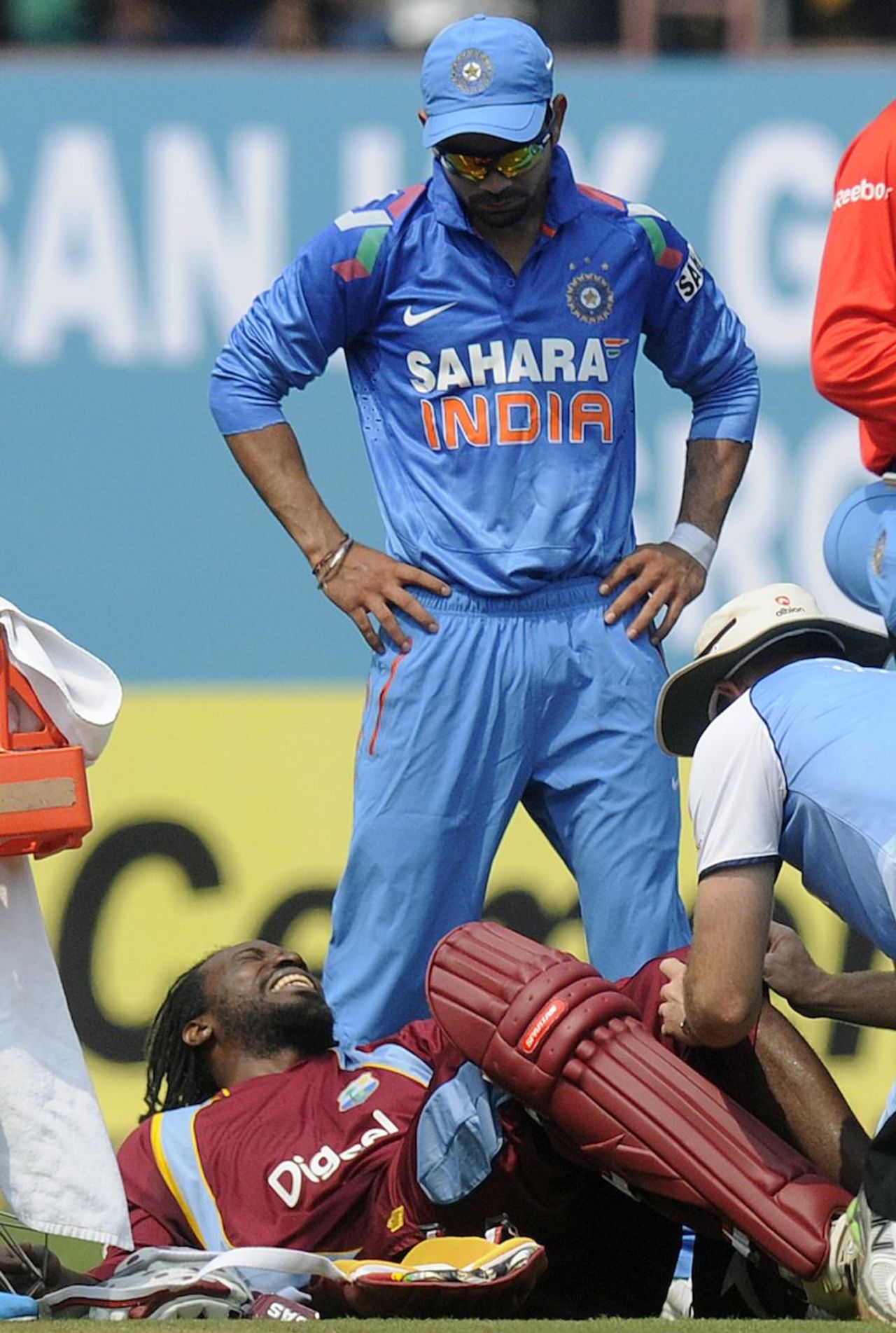 Chris Gayle was in pain after his run out, India v West Indies, 1st ODI, Kochi, November 21, 2013