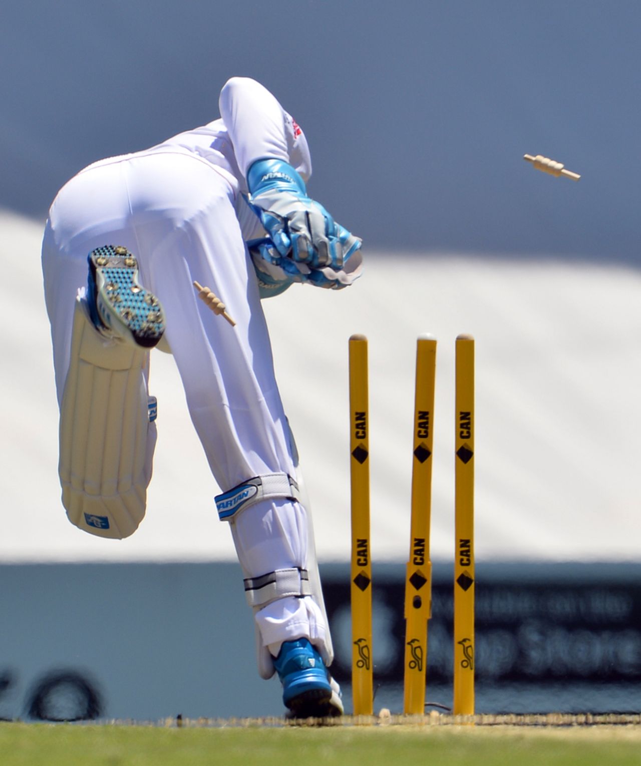 Matt Prior acrobatically completes the run out of Brad Haddin, Australia v England, 1st Test, Brisbane, 2nd day, November 22, 2013