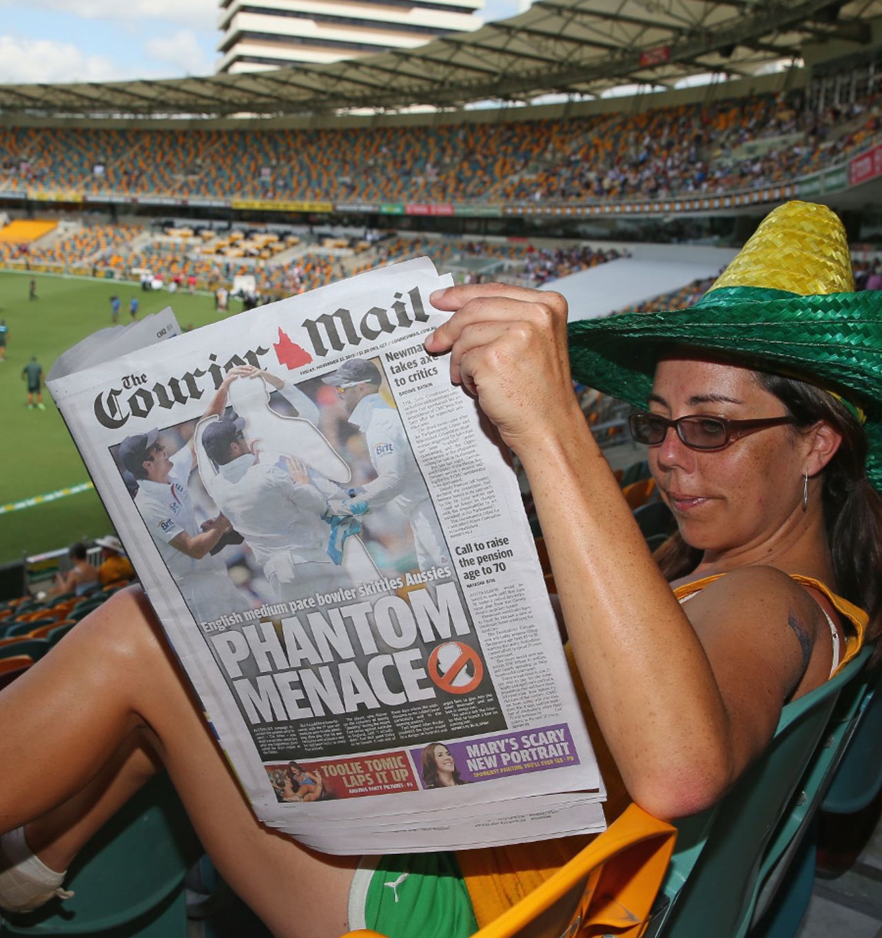The <i>Courier Mail</i> continue their theme with Stuart Broad, Australia v England, 1st Test, Brisbane, 2nd day, November 22, 2013