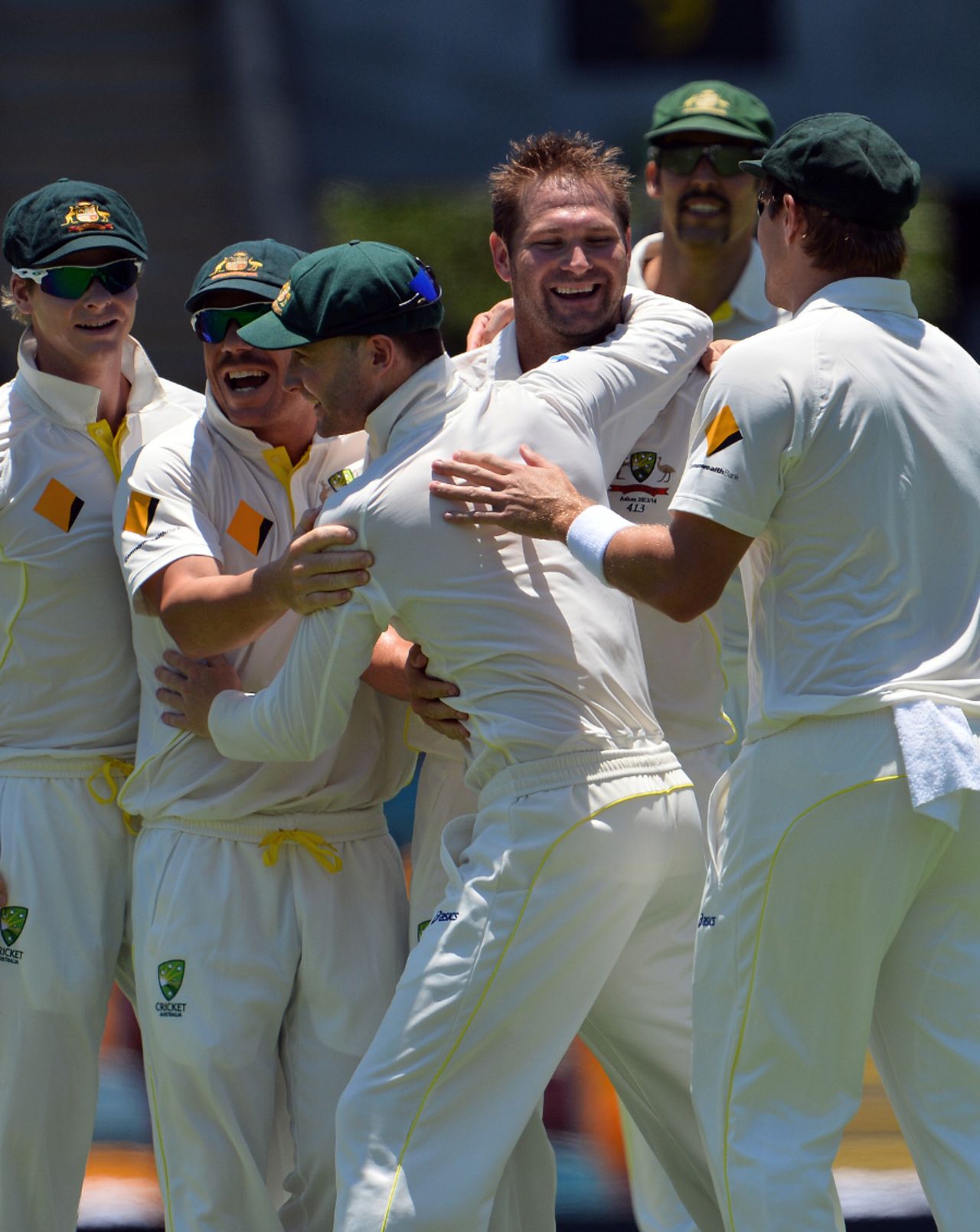 Ryan Harris gets the acclaim after taking the first wicket, Australia v England, 1st Test, Brisbane, 2nd day, November 22, 2013