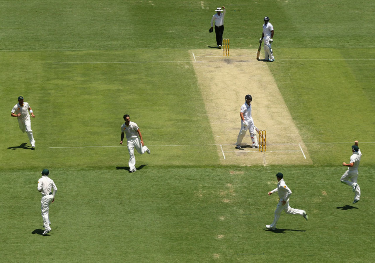 Mitchell Johnson wheels away after removing Jonathan Trott, Australia v England, 1st Test, Brisbane, 2nd day, November 22, 2013